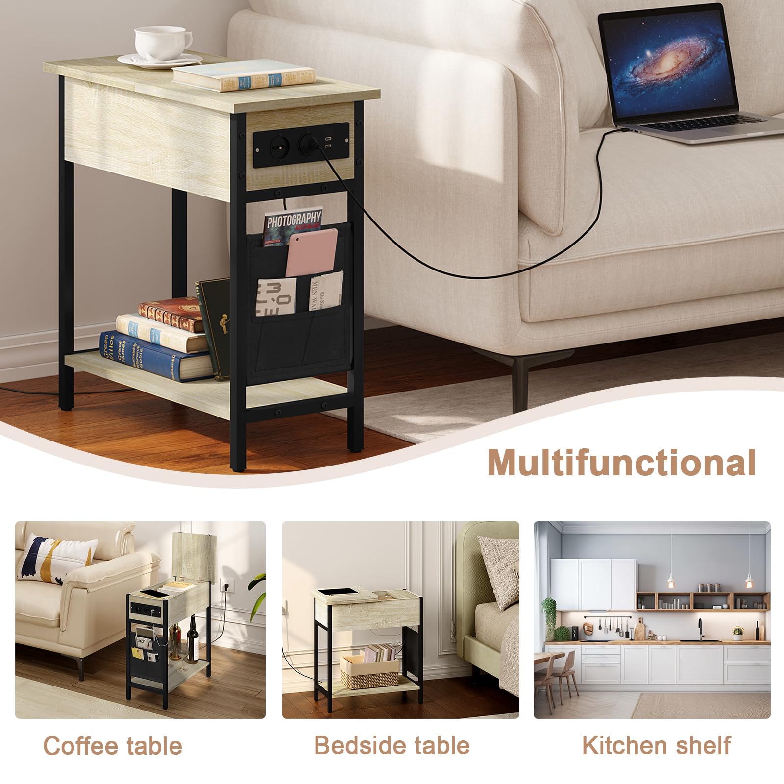 EUGAD Tavolino da Salotto con Area di Ricarico, Tavolino da Divano Laterale, Comodino con Piano Ribaltabile, Scatola in Tessuto, 2 Prese e 2 Porta USB, Rovere Chiaro