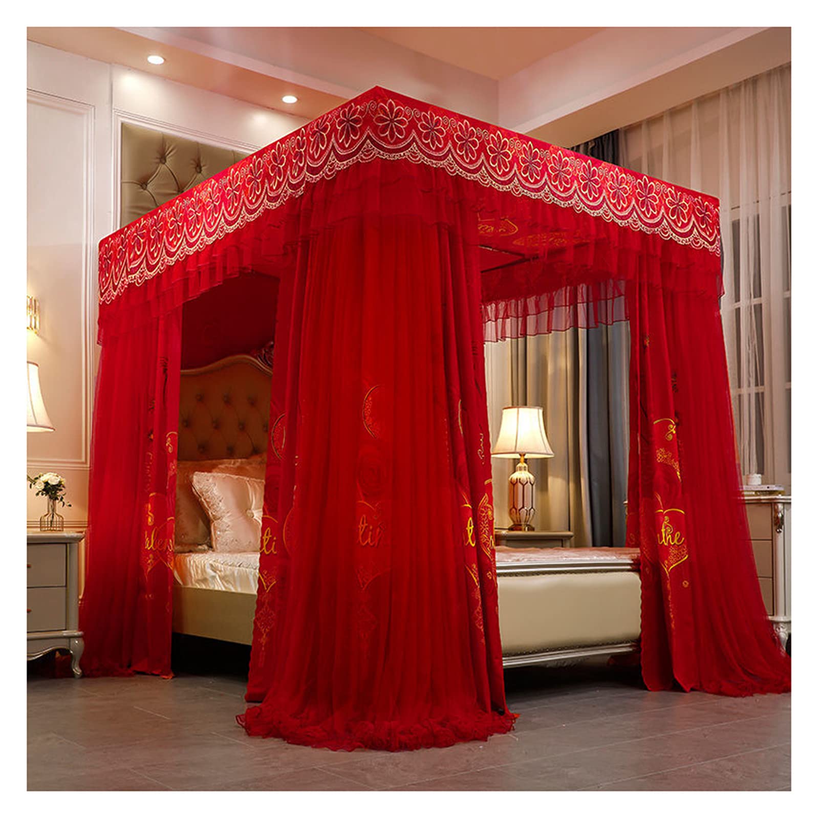Moustiquaire 4 coins lit double 2x2.2m | Ciel de lit broderie rouge