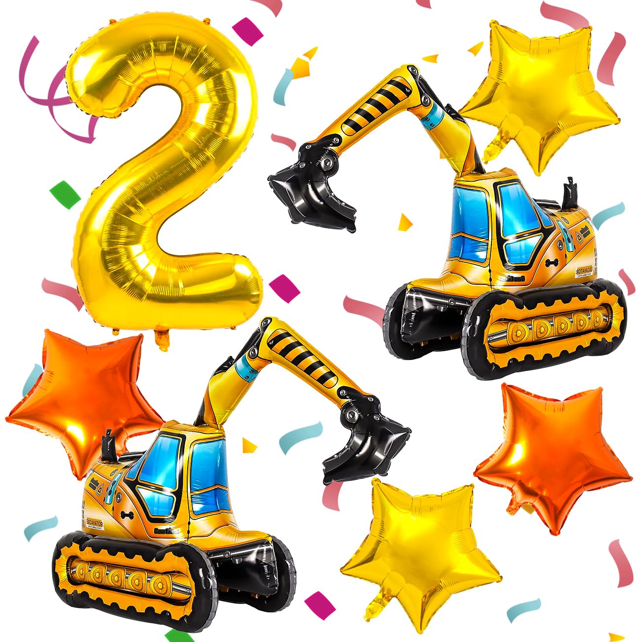 Construction Balloons, Self Standing 4D Excavator Balloon, Golden and Orange Star Balloon, Number 2 Foil Balloons for Kids 2nd Birthday Party