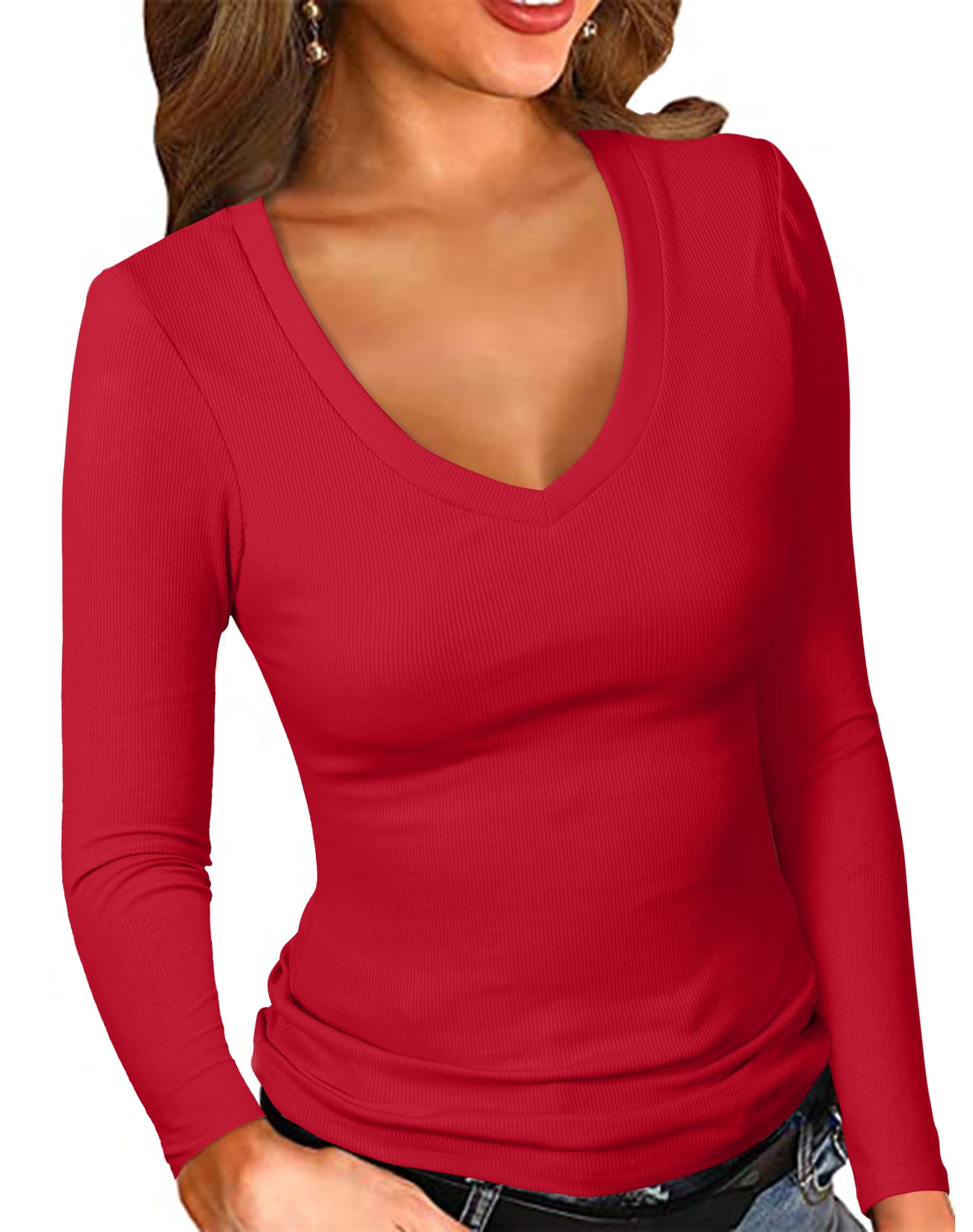 PALINDA Women's Ribbed V Neck Slim Fitted T Shirts Basic Solid Long Sleeve Layering Tee Tops