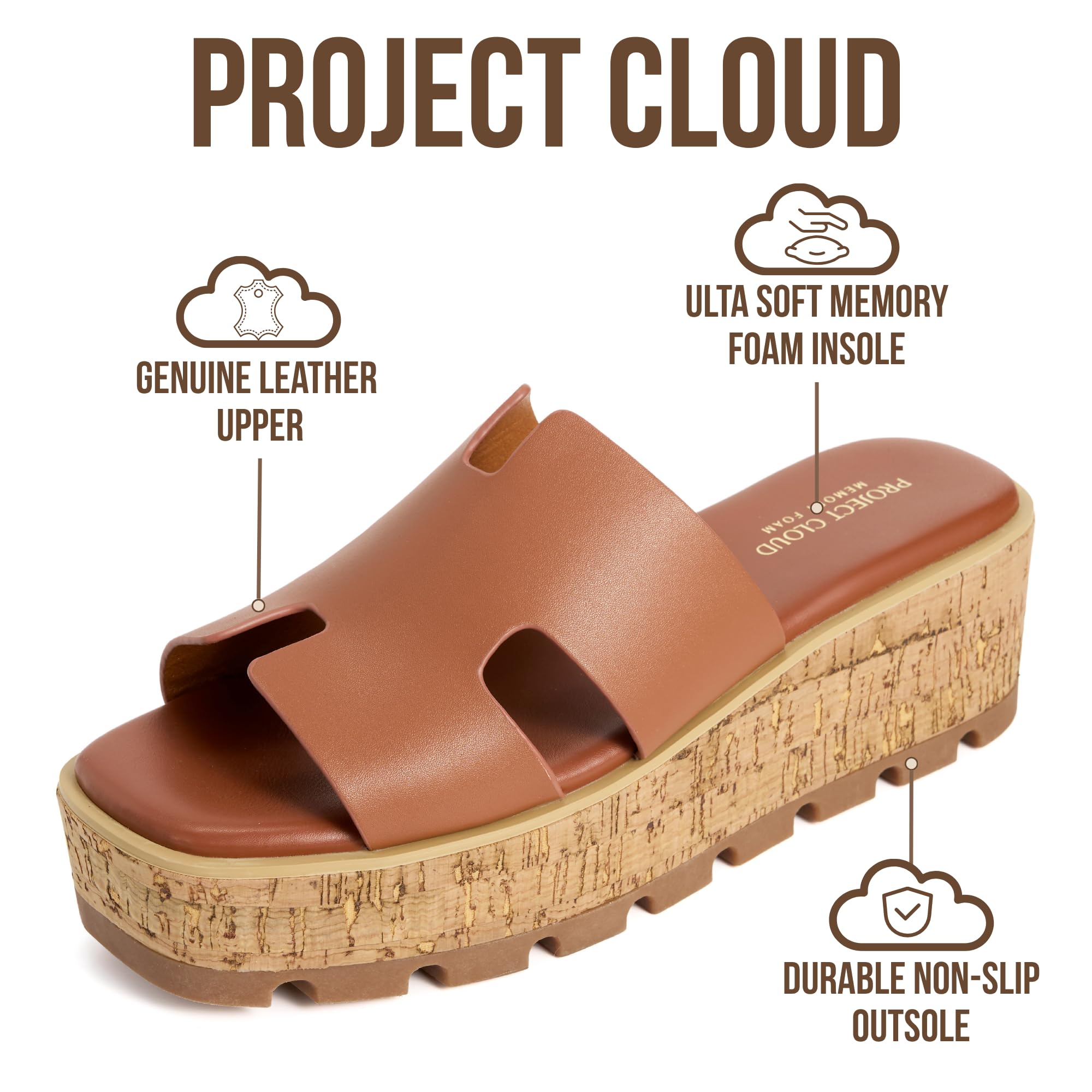 Project Cloud 100% Genuine Leather Wedge Platform Sandals Women Footwear - Memory Foam Insole and Non-Slip Platform Slides for Women - Lightweight Womens Sandals (MILA,COGLEA,8M) — view 2