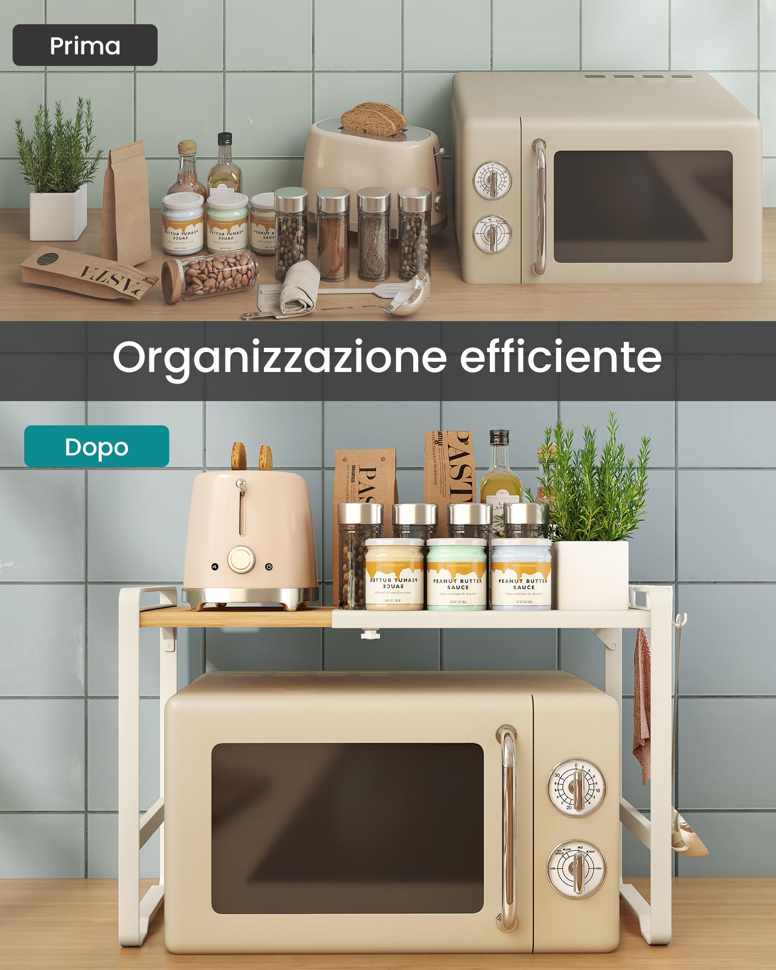 SONGMICS Mensola Microonde Estensibile, Scaffale Supporto Forno a Microonde, Larghezza Regolabile da 41,5 a 64 cm, Cucina, Acciaio e Bambù, 4 Ganci, Bianco Crema e Bambù Chiaro KCS060W01