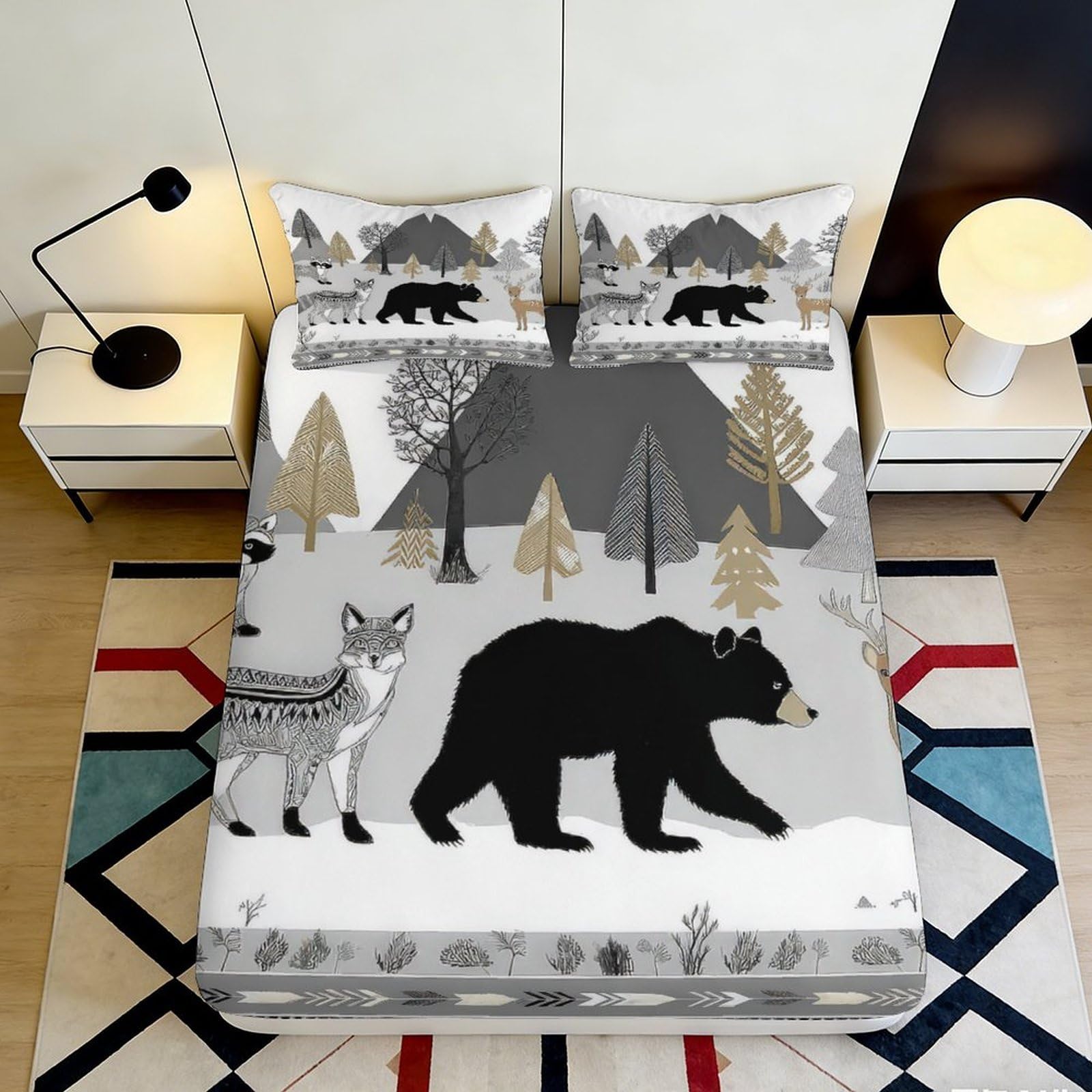 3D Printed Forest Bear Fitted Sheet Microfiber Soft Wolf Mountain Mattress Cover for Bedroom Guest Room Decor 90x200x25cm