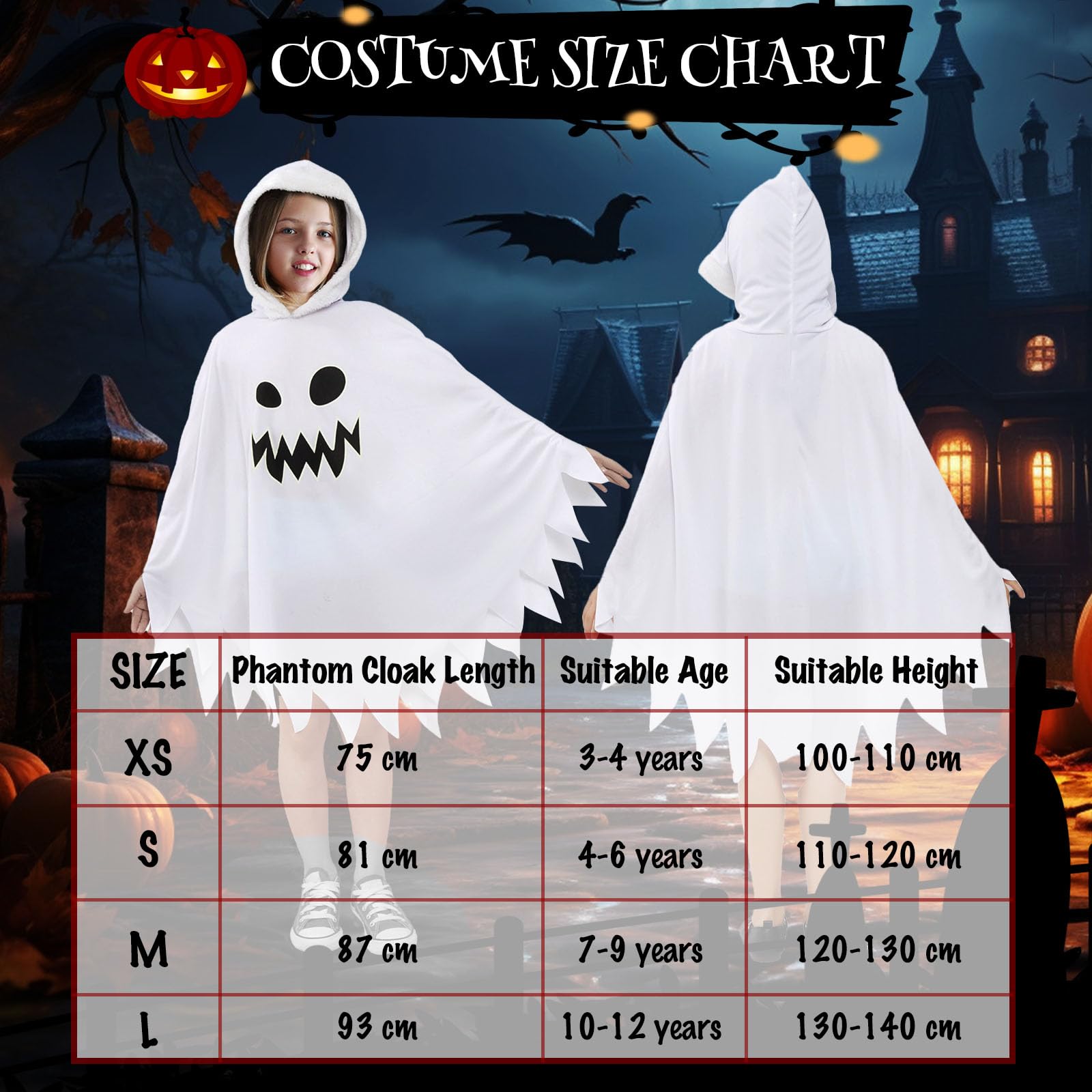 Cape Halloween Enfant Fantôme – 80 Cm – Tissu Polyester – Imprimé Orange/Noir – Pour Déguisement, Carnaval, Cosplay – Enfants Jusqu'à 150 Cm
