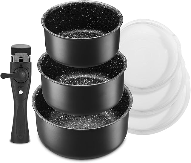 Non Stick Saucepan Set with Removable Handle and Sealing Lids, Non Stick Pot Set for Induction Hobs, 4 Pieces Saucepan for All Hobs, Stackable Design and Ovensafe