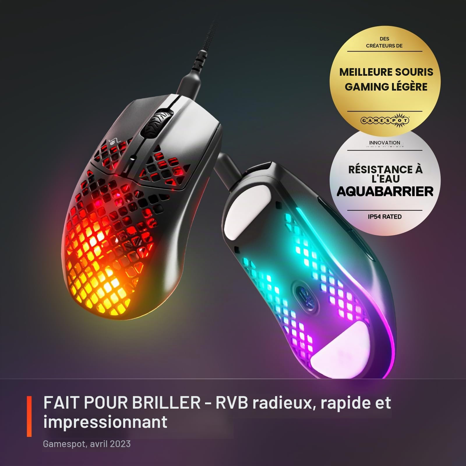 SteelSeries Aerox 3 - Holey Souris de Jeu RVB - Design Ultra léger et résistant à l'eau - Capteur Optique TrueMove Core 8500 DPI - Onyx
