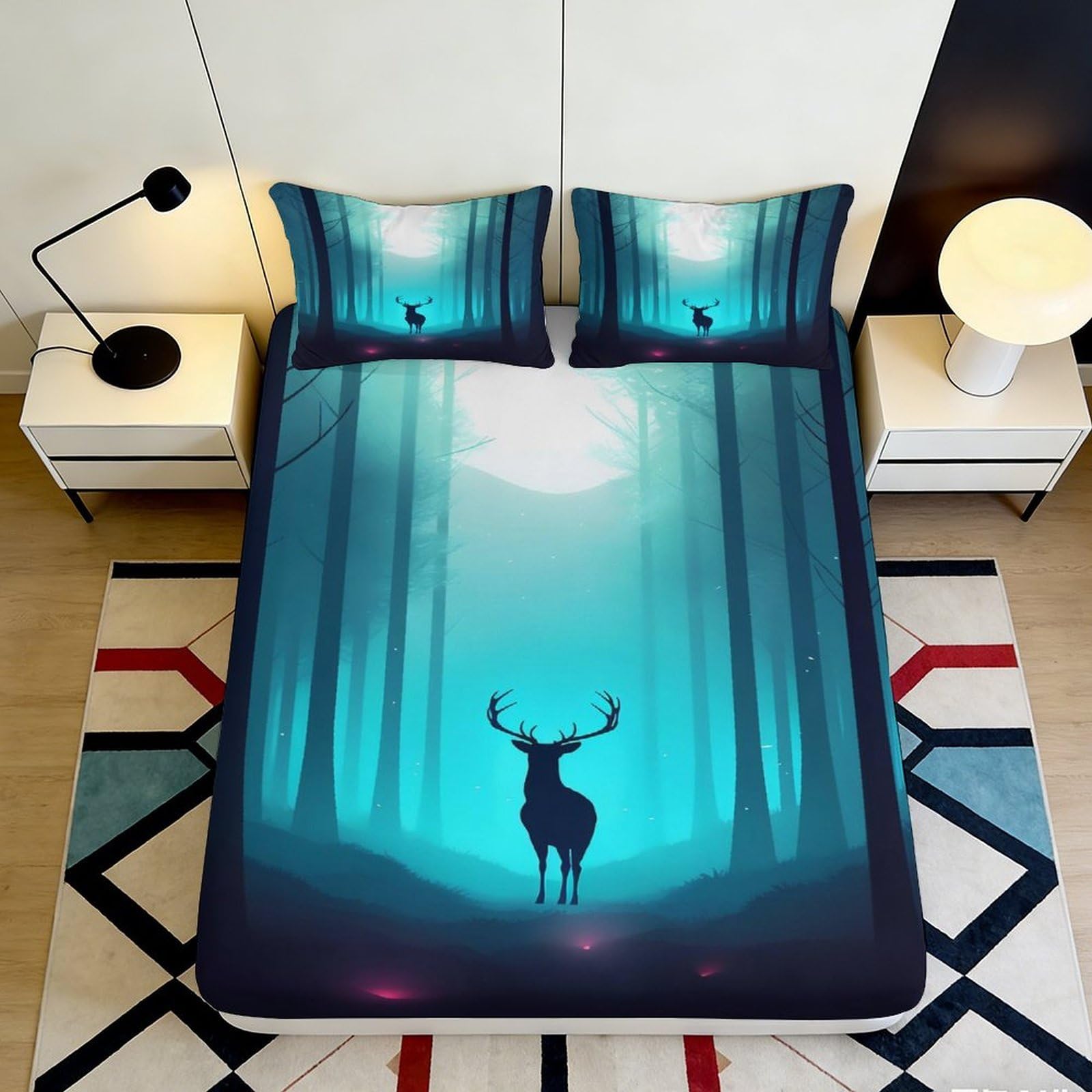 3D Printed Forest Deer Fitted Sheet Microfiber Soft Breathable Woodland Bed Cover for Bedroom Dormitory Guest Room Mattress Protection Decor 140x200x25cm