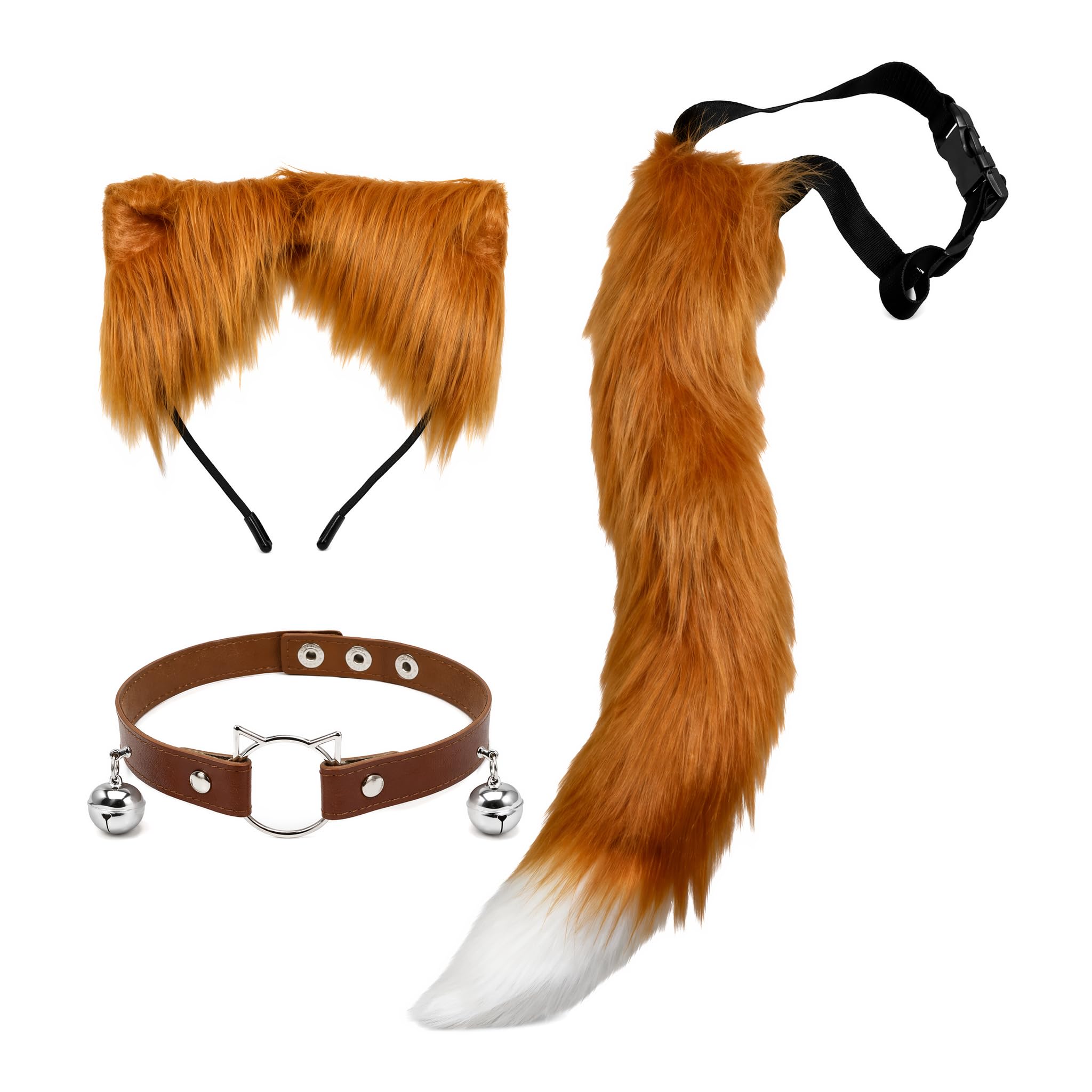 Super Fluffy Fox Tail Costume Set with Headband, Faux Fur Fox Tail (40cm) with Adjustable Belt, Realistic Animal Ear Headband & Collar, Cosplay Accessory for Adults, Halloween Fancy Dress Party
