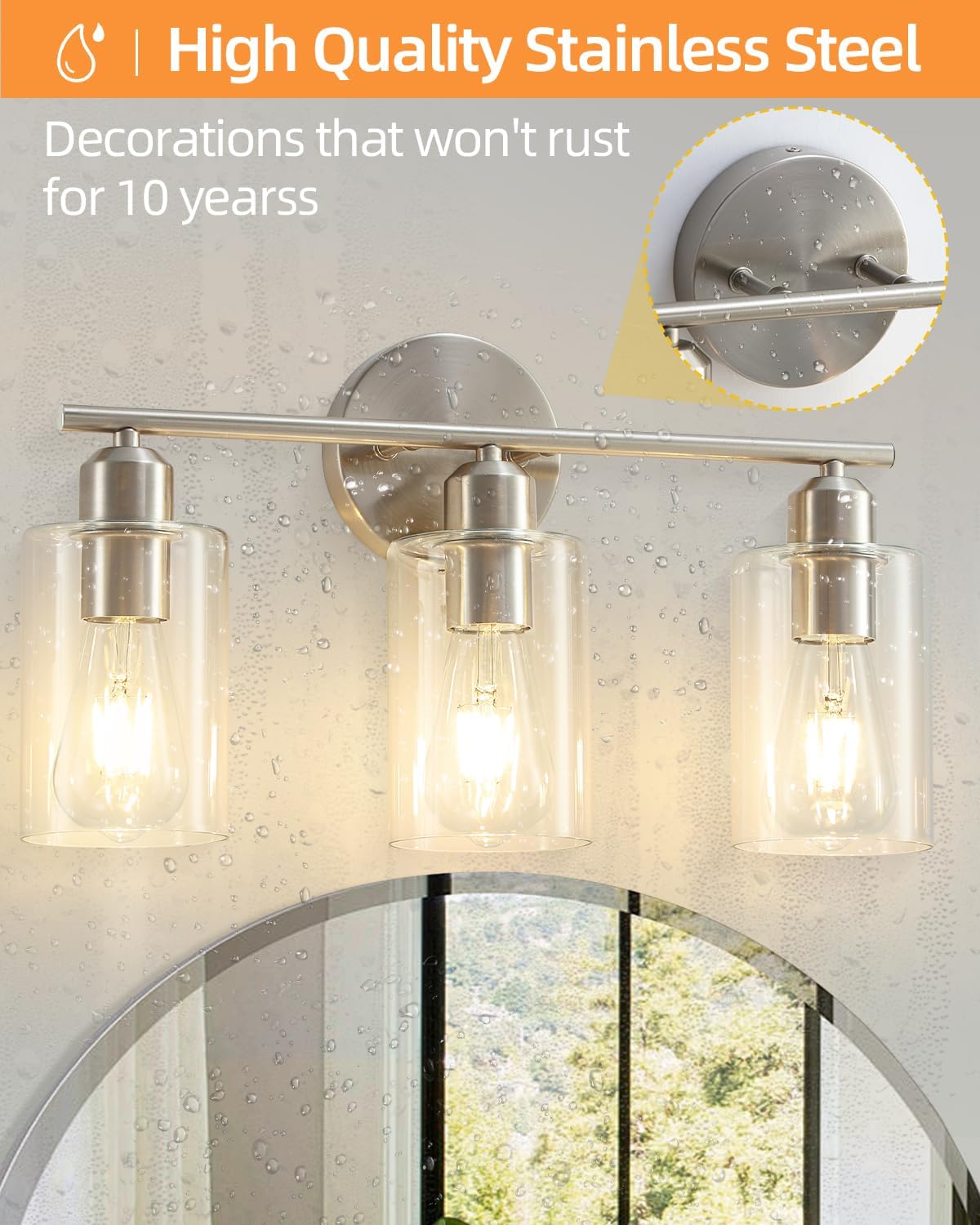 3-Light Bathroom Light Fixtures, Brushed Nickel Bathroom Vanity Lights, Bathroom Lighting Fixtures Over Mirror with Clear Glass Shade, Wall Sconce Light for Bedroom, Living Room and Hallway