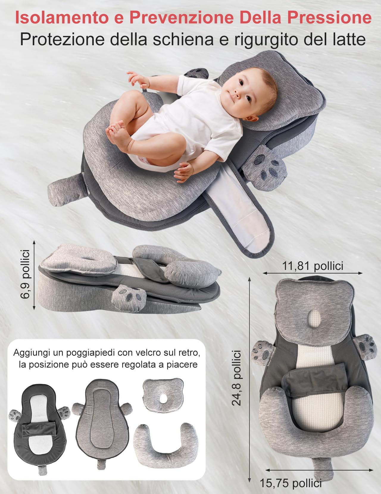 Cuscino per Allattamento, Cuscino per Allattamento a Biberon, Ergonomico Multifunzionale con Cintura Regolabile, la Parte Superiore, la Parte Inferiore e L’appoggio Testa Sono Rimovibili
