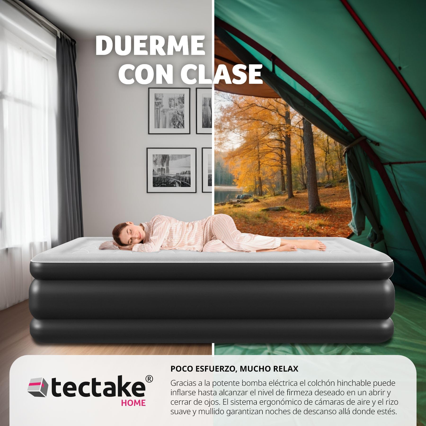 tectake® Colchón Hinchable con Bomba Eléctrica, Colchón Inflable Ergonómico, Cama Hinchable, Colchón Autoinflable, con Bolsa de Transporte, Ideal Camping o Cama para Invitados, 200 x 101 x 44 cm