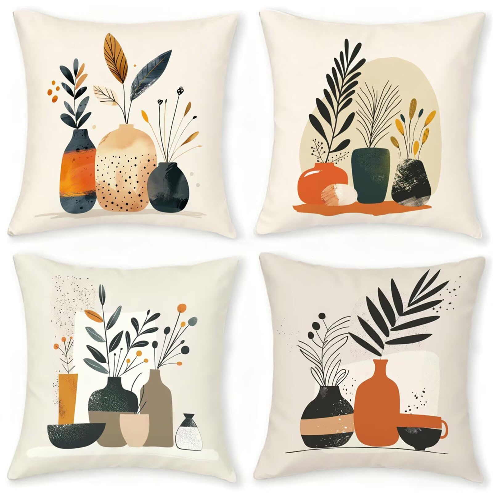 QiHon Cushion Covers 55x55 cm Set of 4 Simple Leaves Linen Square Pillow Cases 22x22 inch Modern Decorative Throw Pillow Covers for Sofa Couch Bedroom Home Office with Invisible Zipper