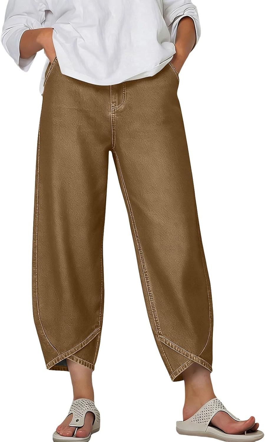 Cropped Pants for Women Elastic Waist Loose Fit Trousers Lightweight Casual Pants with Pockets