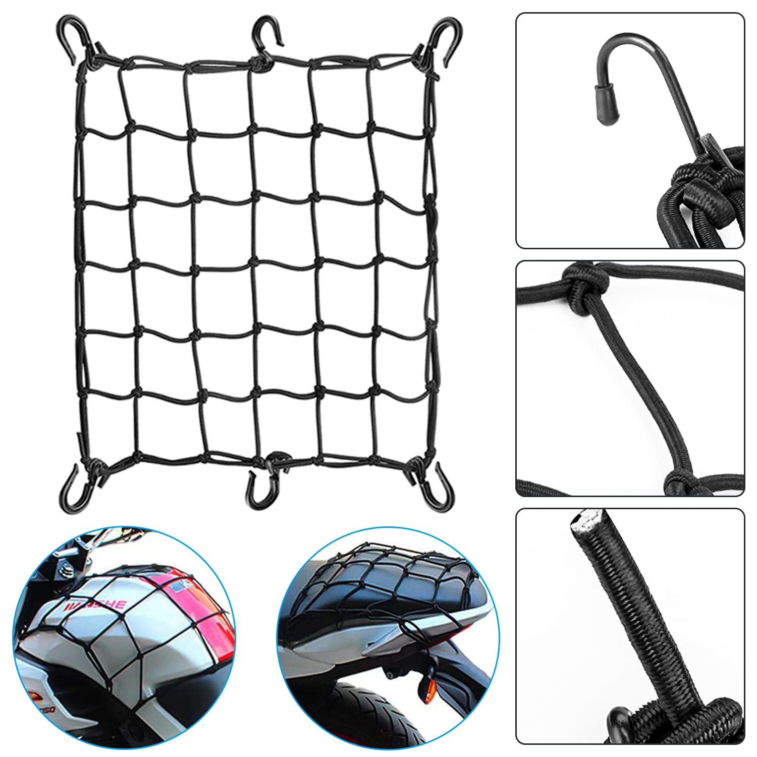 Spanngurt Fahrrad Gepäckspanner 3in 1 Fahrrad Gummispanner Expander mit Haken Verstellbar Elastische für Gepäckträger Fahrradgepäckträger Motorrad Gepäck(3PCS Spanngummi Fahrrad+1PCS Netz Helmnetz)