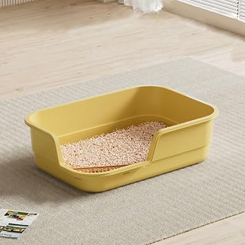 Extra Large Cat Litter Box with High Sides - High Wall Low Entry Litter Box for Kittens & Senior Cats, Anti-Splash Easy-Clean Litter Pan for Indoor Pets Yellow