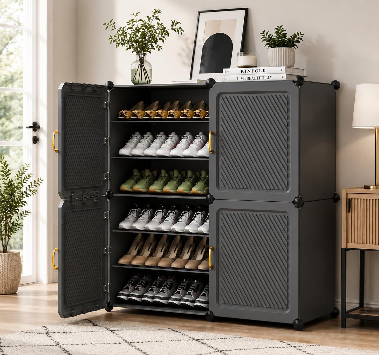 YASONIC Premium Modular Plastic Shoe Rack for Home with Door | 12-Tier Stackable Shoe Organizer | Waterproof & Dustproof | Space Saving Storage for Home, Bedroom & Entryway [Grey HS, 12-Shelf-4-Door]-image-15