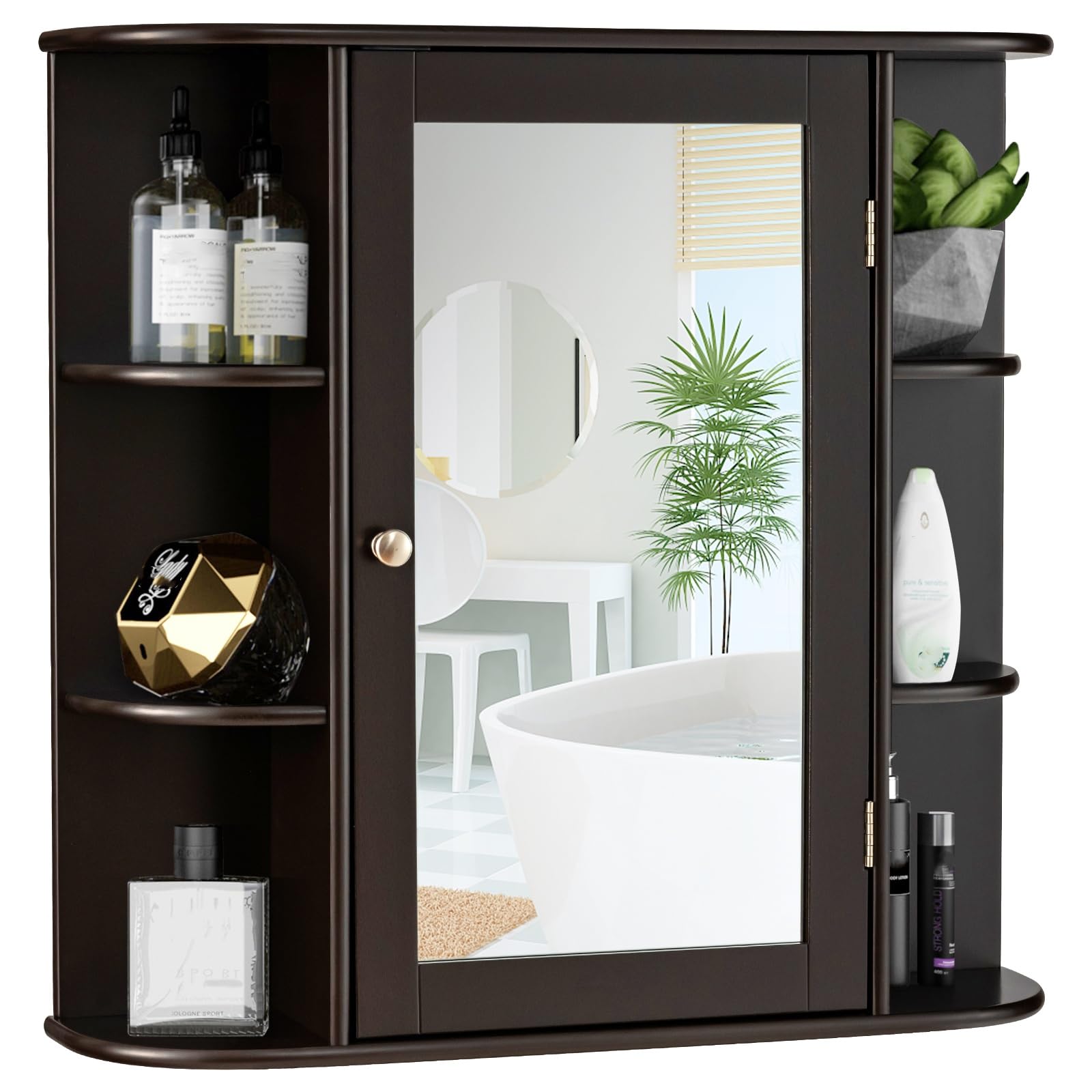 LIFEZEAL Armadietto a Specchio, Pensile a 1 Anta, per Bagno, 4 Ripiani e 6 Scomparti Aperti, Ripiani Interni Regolabili, Mobiletto da Parete, Salvaspazio, in Legno, 66x16,5x63 cm (marrone)