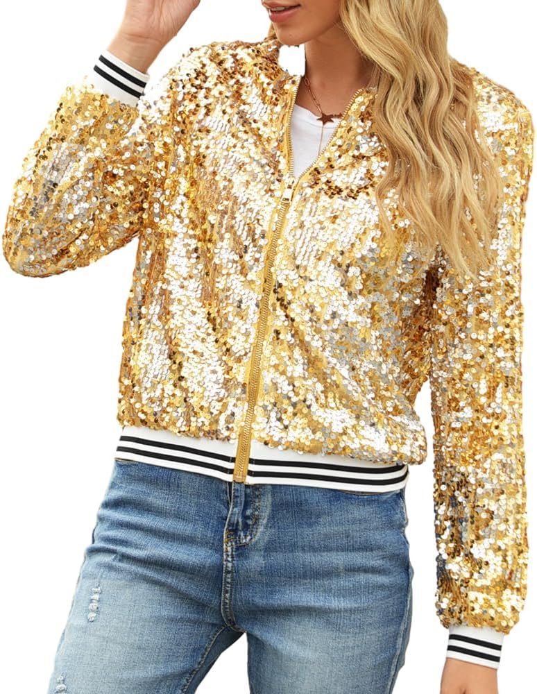 Women Sequin Jacket Long Sleeve Front Zipper Ribbed Blazer Bomber Jacket
