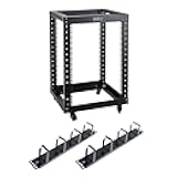 RIVECO 15U Server Rack Floor Standing Open Frame with Wheels- 19-inch 4 Post AV Rack Network Heavy Duty Durable Black & 1U Cable Management 2PCS