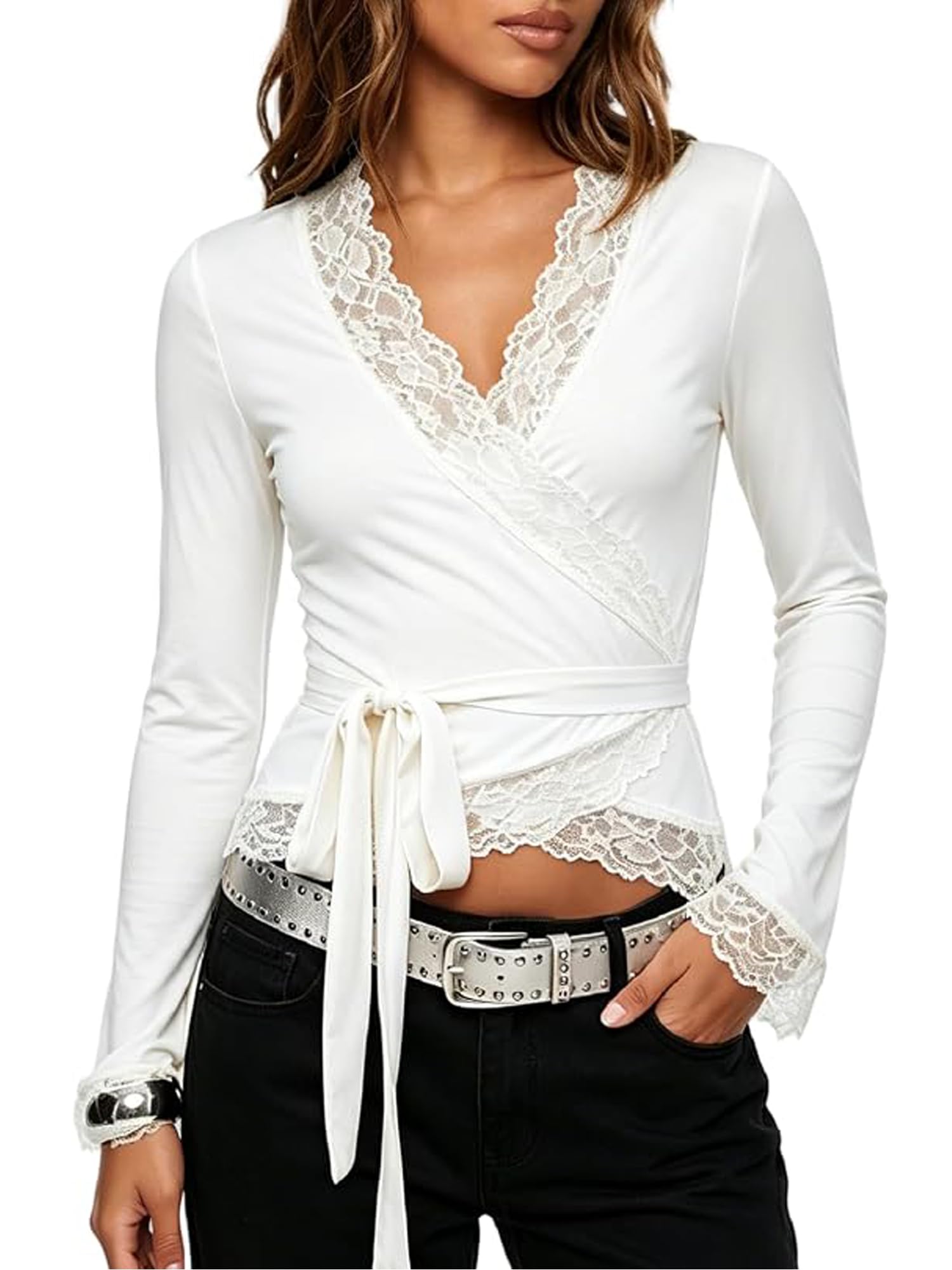 SANSIWU Women Lace Trim Wrap Long Sleeve Top Deep V Neck Tie Waist Coquette Blouse (A-White, L)