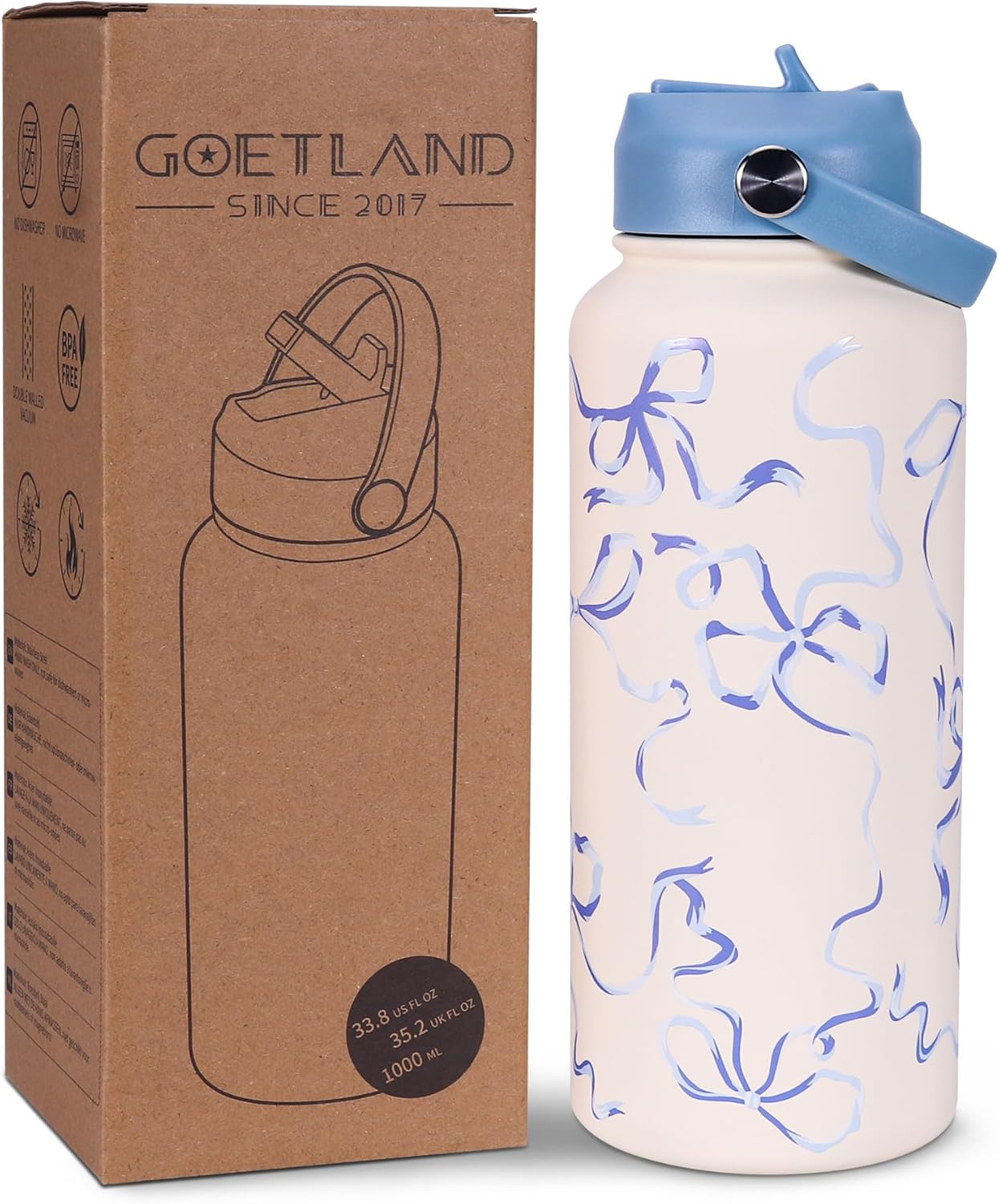 Goetland Ribbon Water Bottle with Straw Lid 32 oz Stainless Steel Wide Mouth Vacuum Double Insulated Drinking Cup Cute Leakproof UV Printing For Women Girls Blue