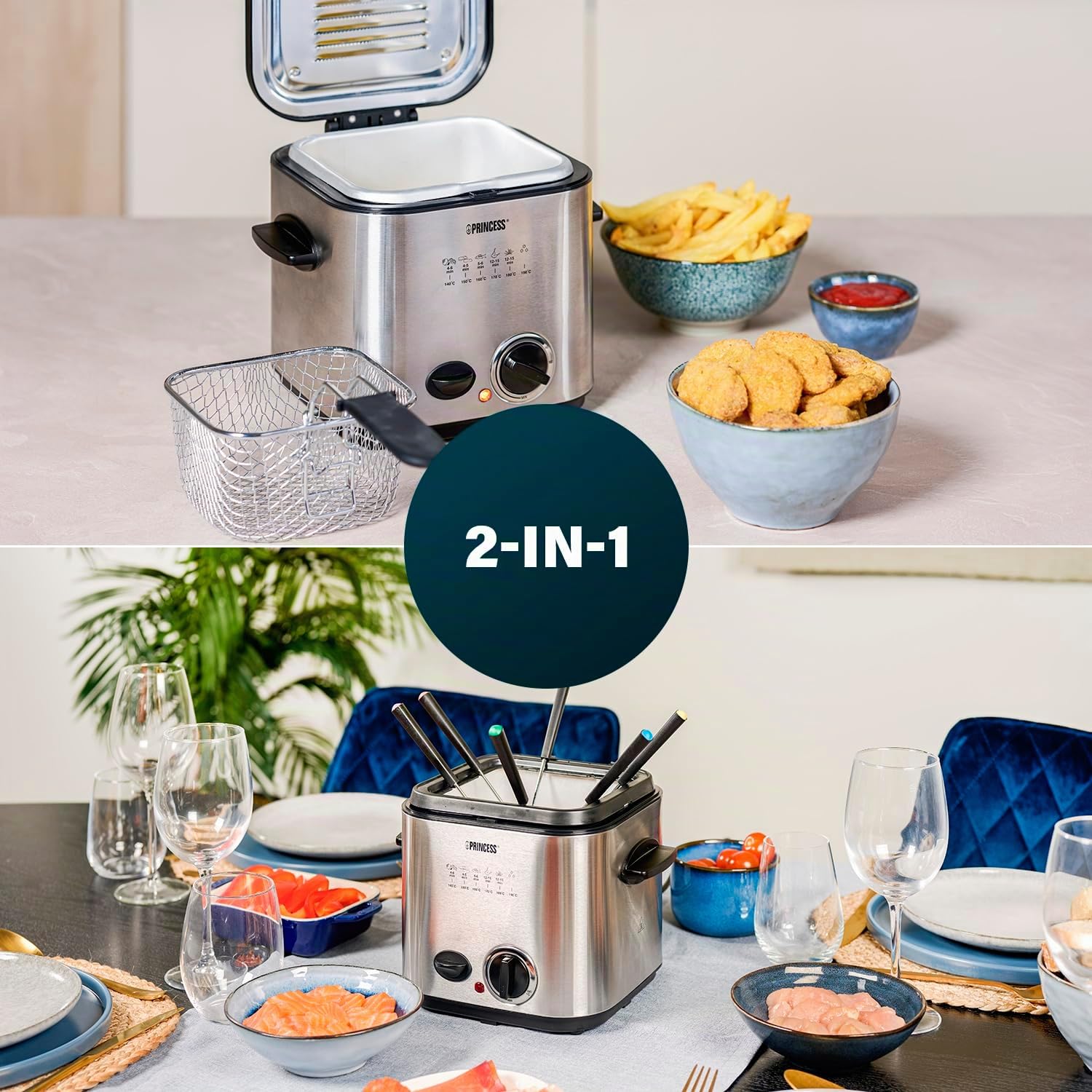 Princess 182611 Mini-Fritteuse mit Fondue – schnelle Erwärmung – Geruchsfilter – 1,2 Liter Inhalt, Silber
