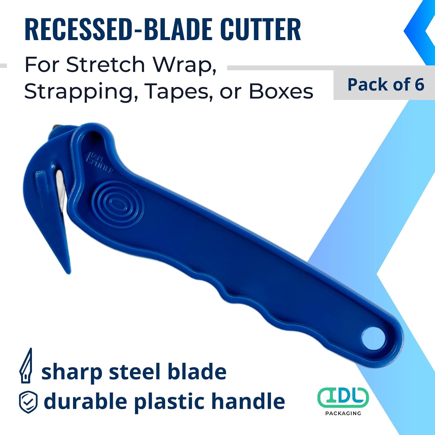 IDL Packaging CN-158 Recessed-Blade Cutter for Stretch Wrap, Plastic & Cord Strapping, Tape, Box (Pack of 6) - Plastic Tool with Sharp Blade - Disposable Film Cutter with Ergonomic Handle image 3