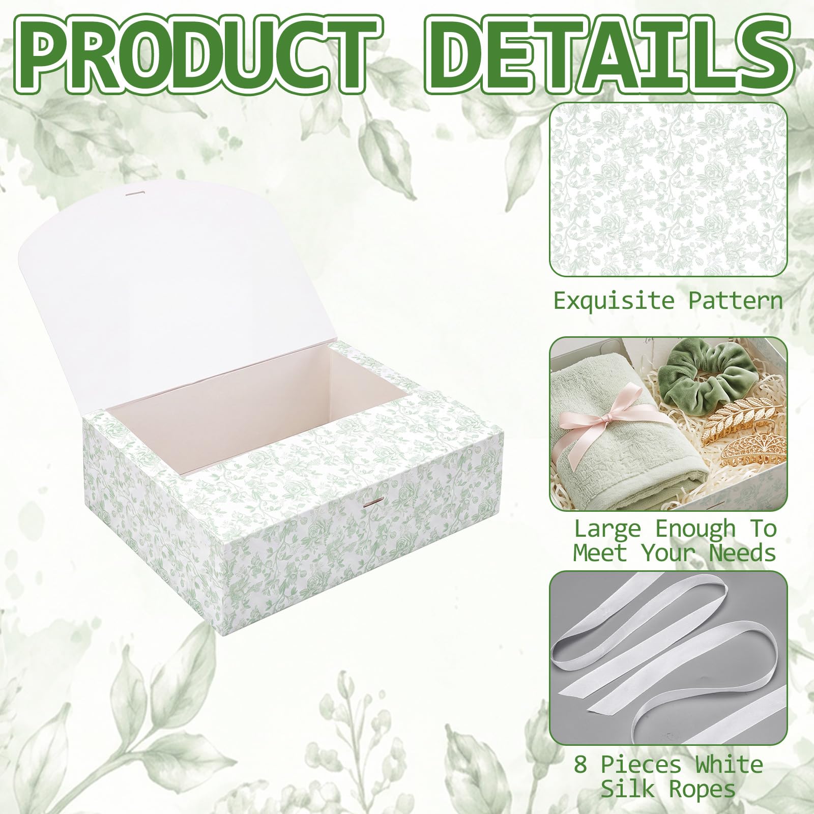 Kolldenn Confezione da 8 scatole regalo verdi floreali per proposte di damigella d'onore con coperchio a nastro, 20 x 26,9 x 8,1 cm, scatola di carta vuota per matrimoni, matrimoni, baby shower