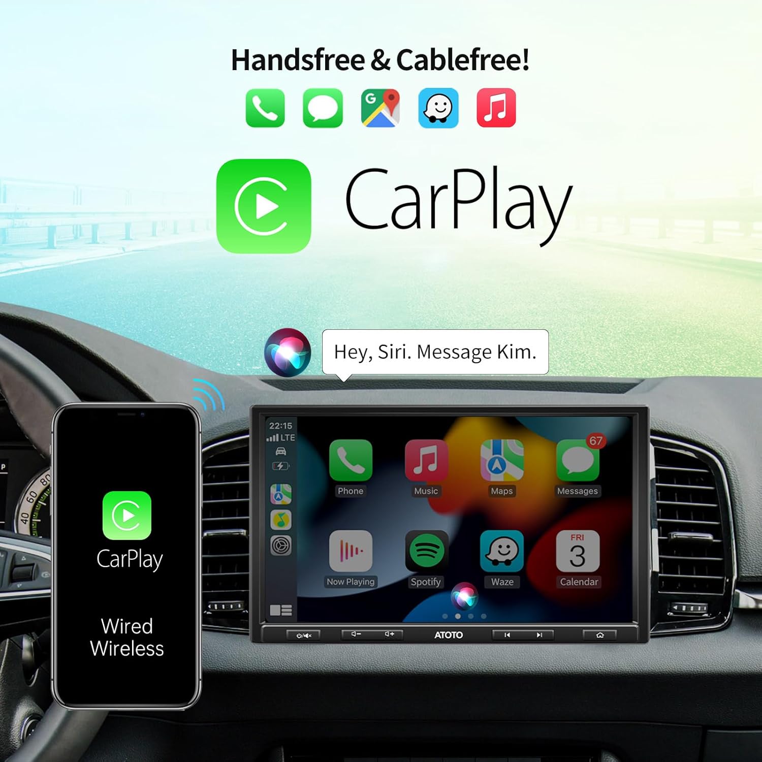 ATOTO F7XE display showing Apple CarPlay interface with phone connected