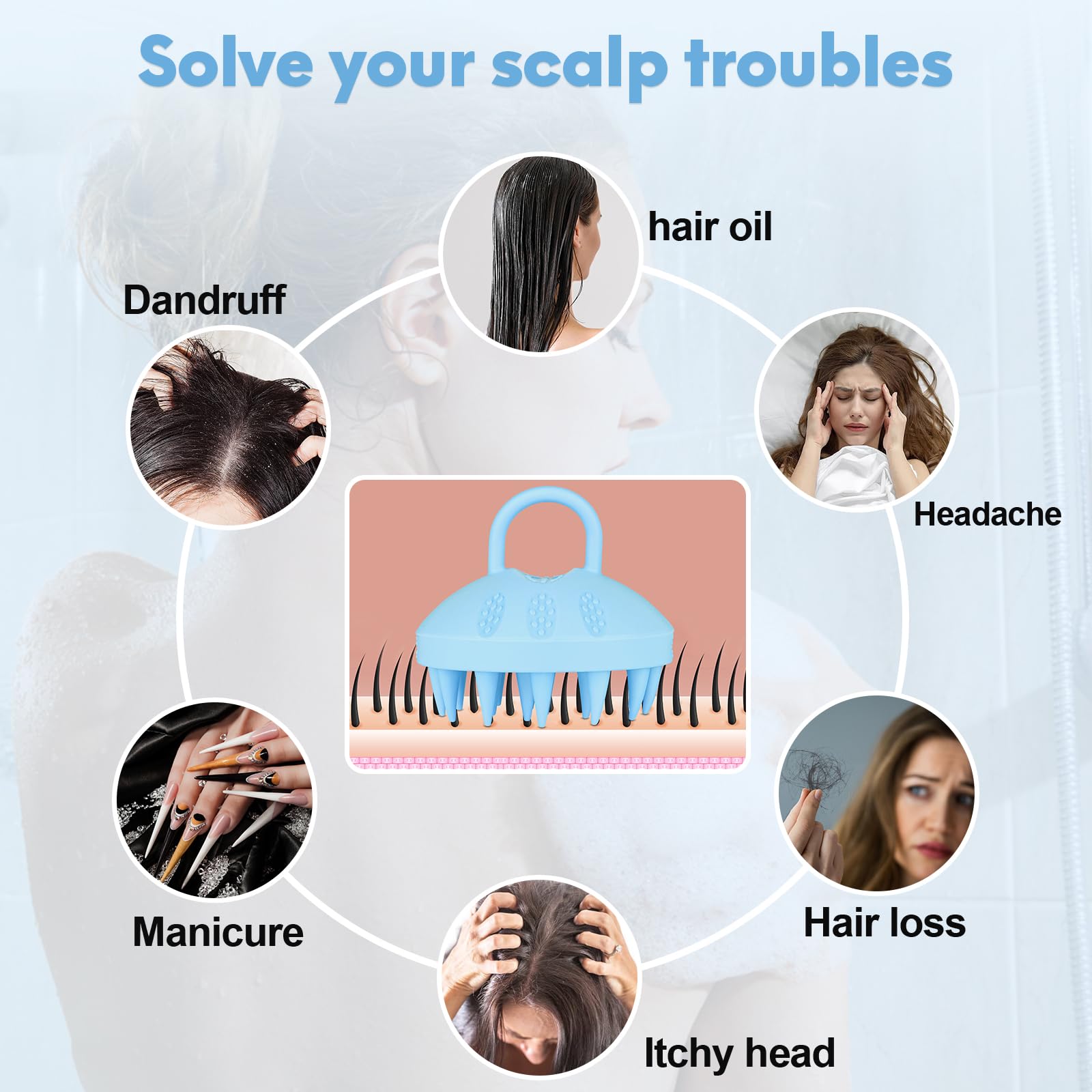 Alyvisun Scalp Massager Szczotka do szamponu, miękka silikonowa szczotka | Relaks i czystość głowy | Peeling do skóry głowy - Niebieski