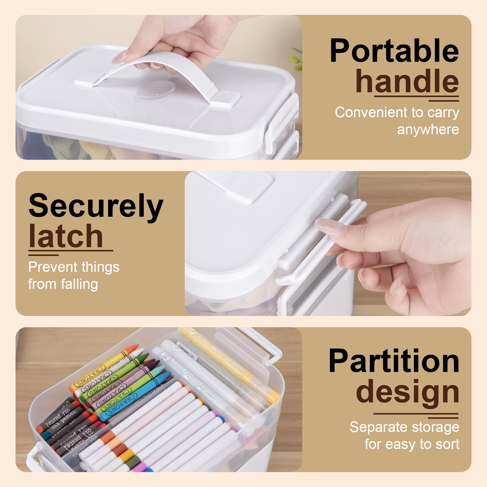 TERGOO 3-Tier Craft Organizer With Removable Trays - Portable Storage Box With Lid & Handle For Beads, Art Supplies, Toys