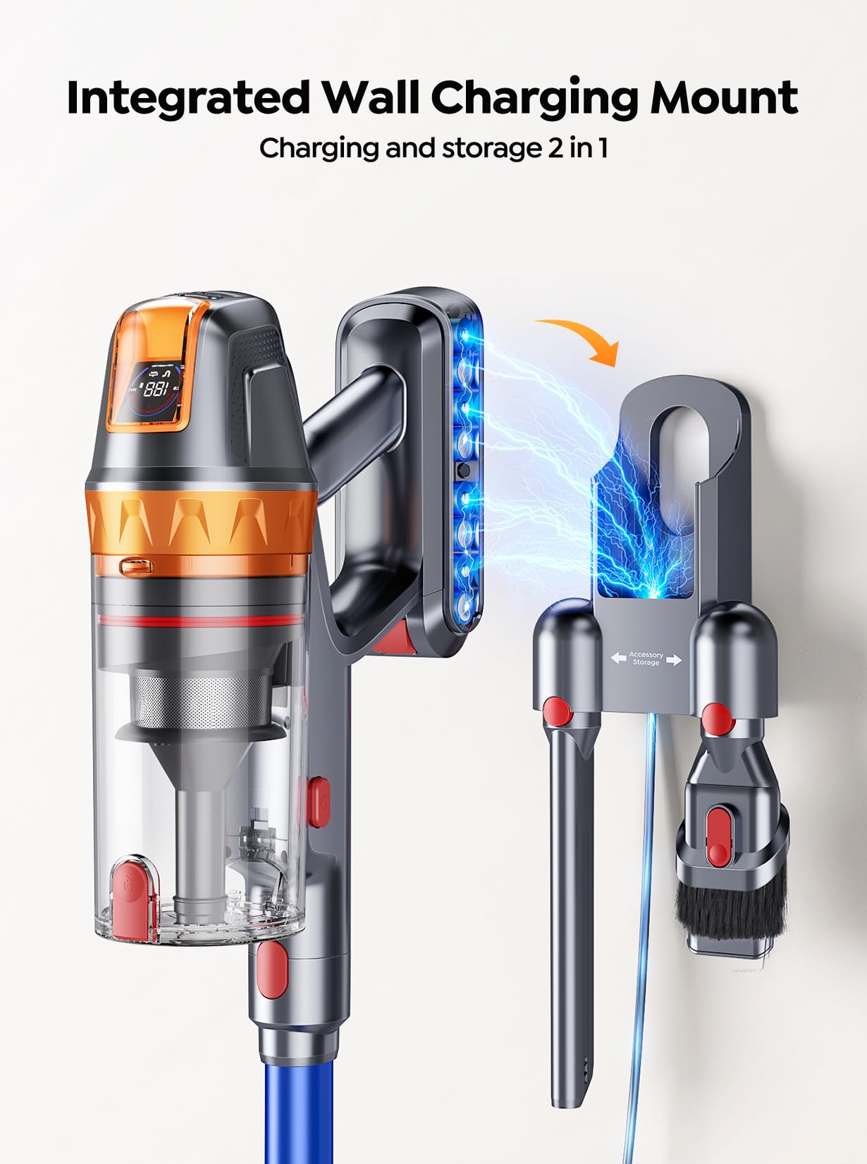 Aspiradora inalámbrica, 600 W con herramienta de limpieza de colchón adicional, aspiradora de palo de 45 KPA para el hogar 60 minutos de tiempo de funcionamiento, autosuficiente, carga de montaje en 5