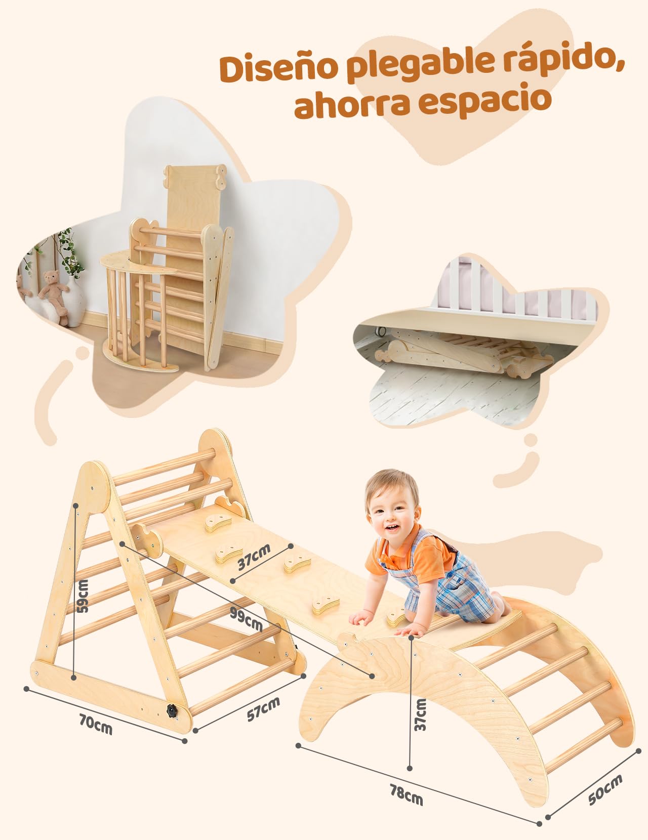 YOLEO Triangle d'escalade, Plegable 3 Piezas Montessori Climbing Frame con Rampa y Arco Balancín, Robusto y Divertido Parque Infantil y Gimnasio para Niños Pequeños 1-6 años