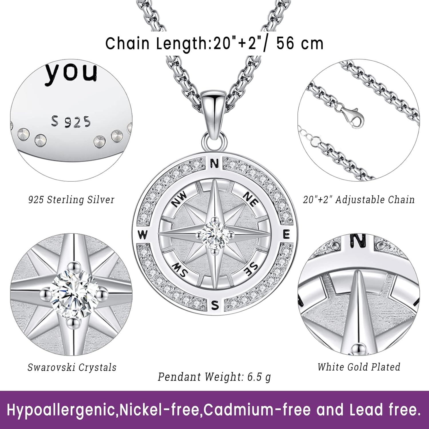 Eusense Sterling Silver Compass Necklace - Pendant Jewelry for Women & Men - Gifts for Him & Her - Image 4