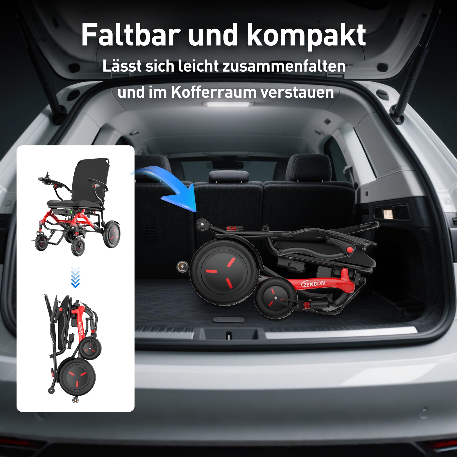 Carbon Rollstuhl Elektrisch Faltbar Leicht: Nur 16.7 kg schwer Elektrorollstuhl Faltbare für All Gelände - 25KM Elektrischer Rollstuhl für Senioren bis 150 kg