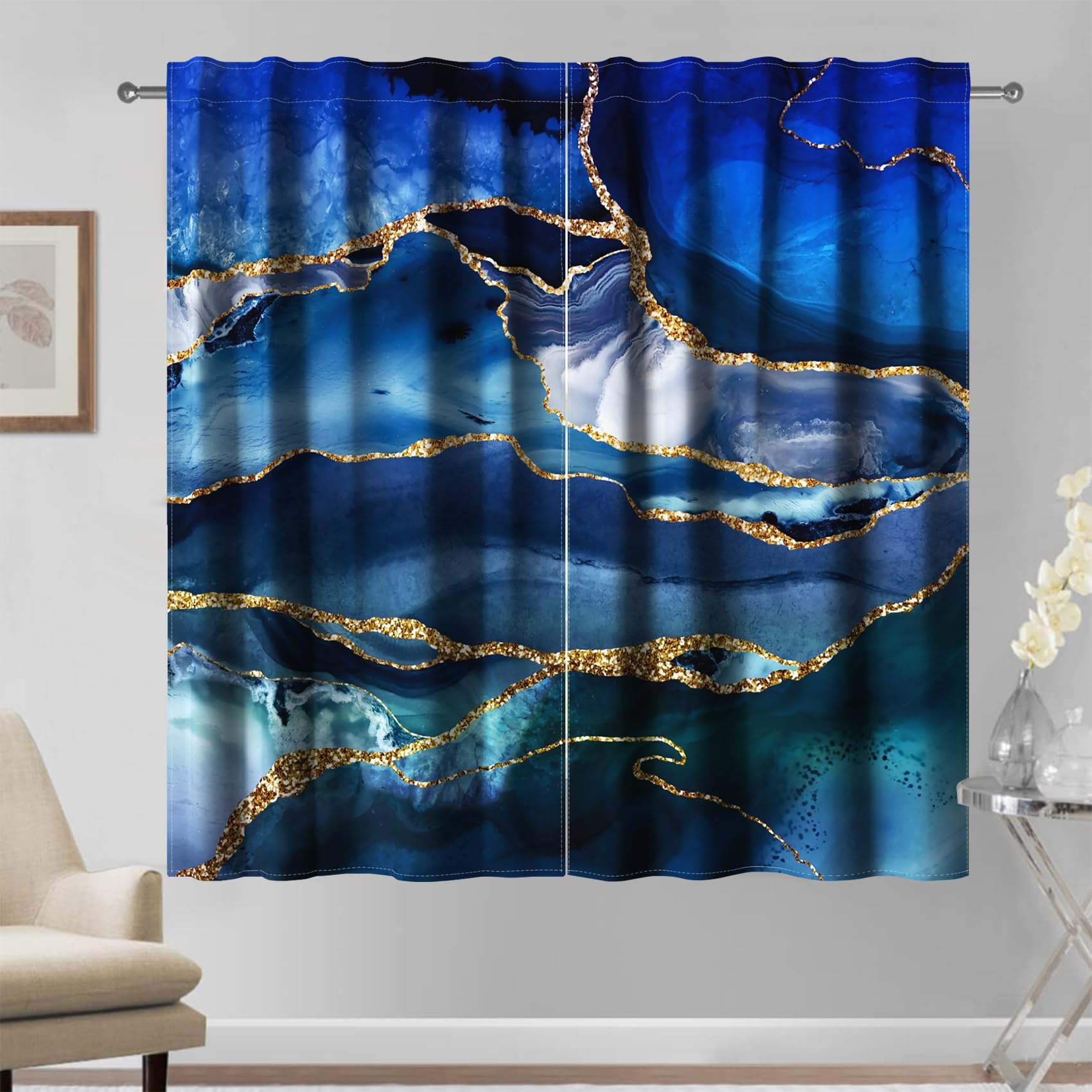 Kzzfqxb Luxury Marble Curtains Blue Golden Waves Gilding Cudding Clouds Living Room Bedroom Drape, 132×214cm 2 Panels