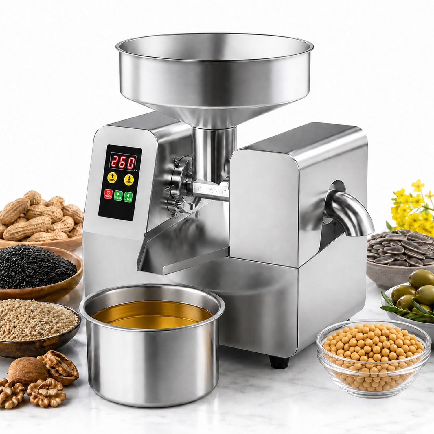 ölpresse Maschine, Olivenöl Presse, Haushaltsölpresse, ölpressmaschine | Edelstahl, 5-9 Kg/H, Einstellbar 40–300°C, Bedienfeld, Doppelte Ölgewinnungsmodi, Für Raps, Sesam, Erdnüsse