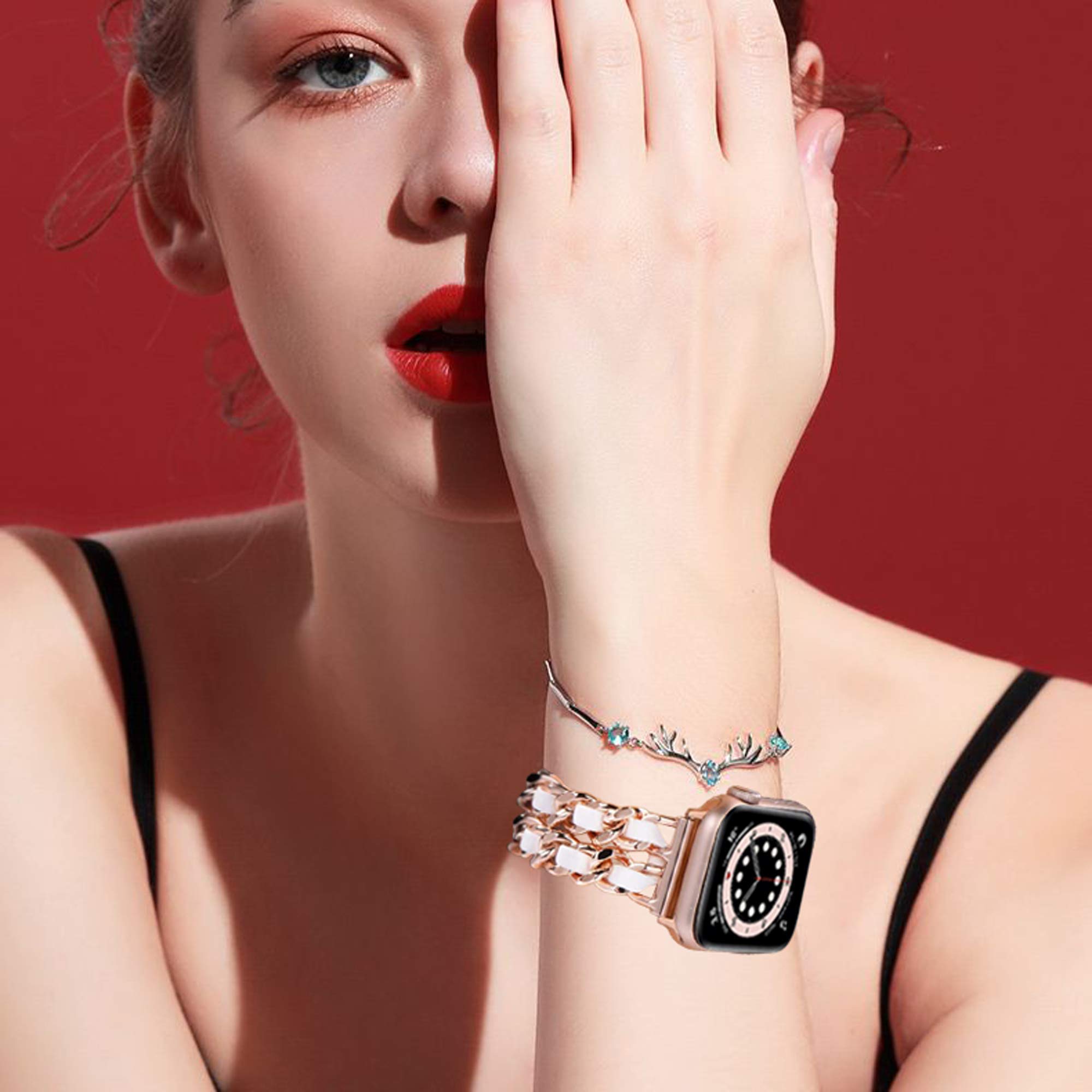 DamonLight Compatible for Apple Watch Band Women 42mm 44mm 45mm, Jewelry Bracelet Black Gold Dressy Bling Wristband iWatch Series 7 6 5 4 3 2 1 SE (42/44/45mm, Rose Gold/White)