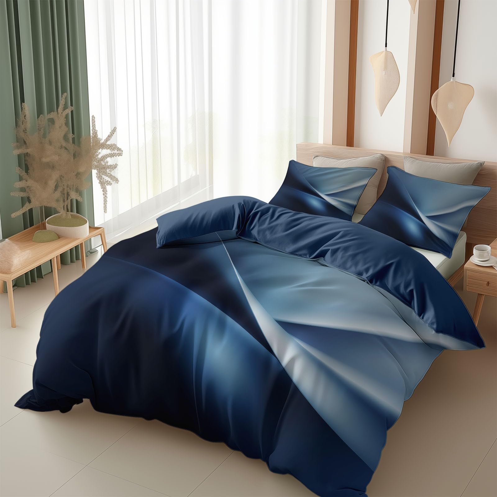 Set copripiumino matrimoniale blu, moderno e minimalista a onde fluide, in morbida microfibra, con chiusura a cerniera e lacci agli angoli, facile da pulire, set di biancheria da letto di qualità