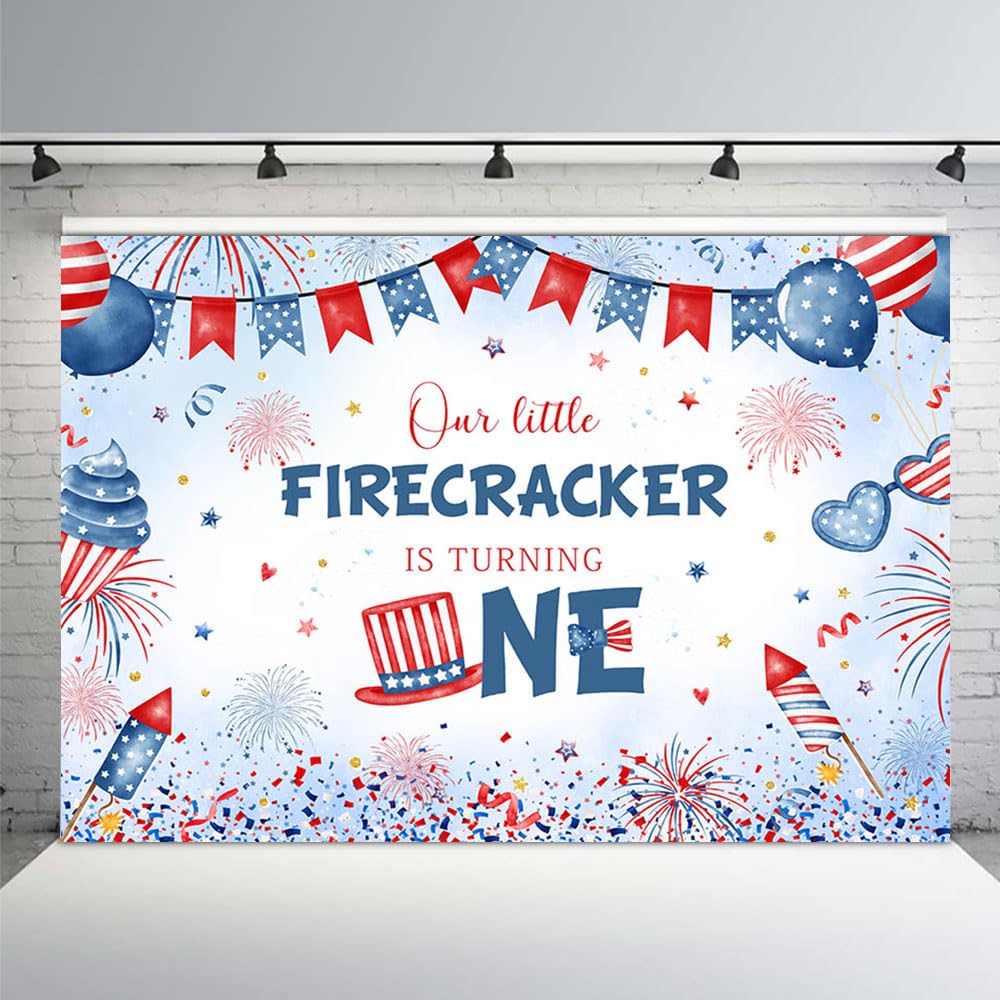 MEHOFOND 4th of July Firecracker 1st Birthday Backdrop for Boy Independence Day Our Little Firecracker is Turning One First Birthday Party Decoration Banner Photo Booth 7x5ft