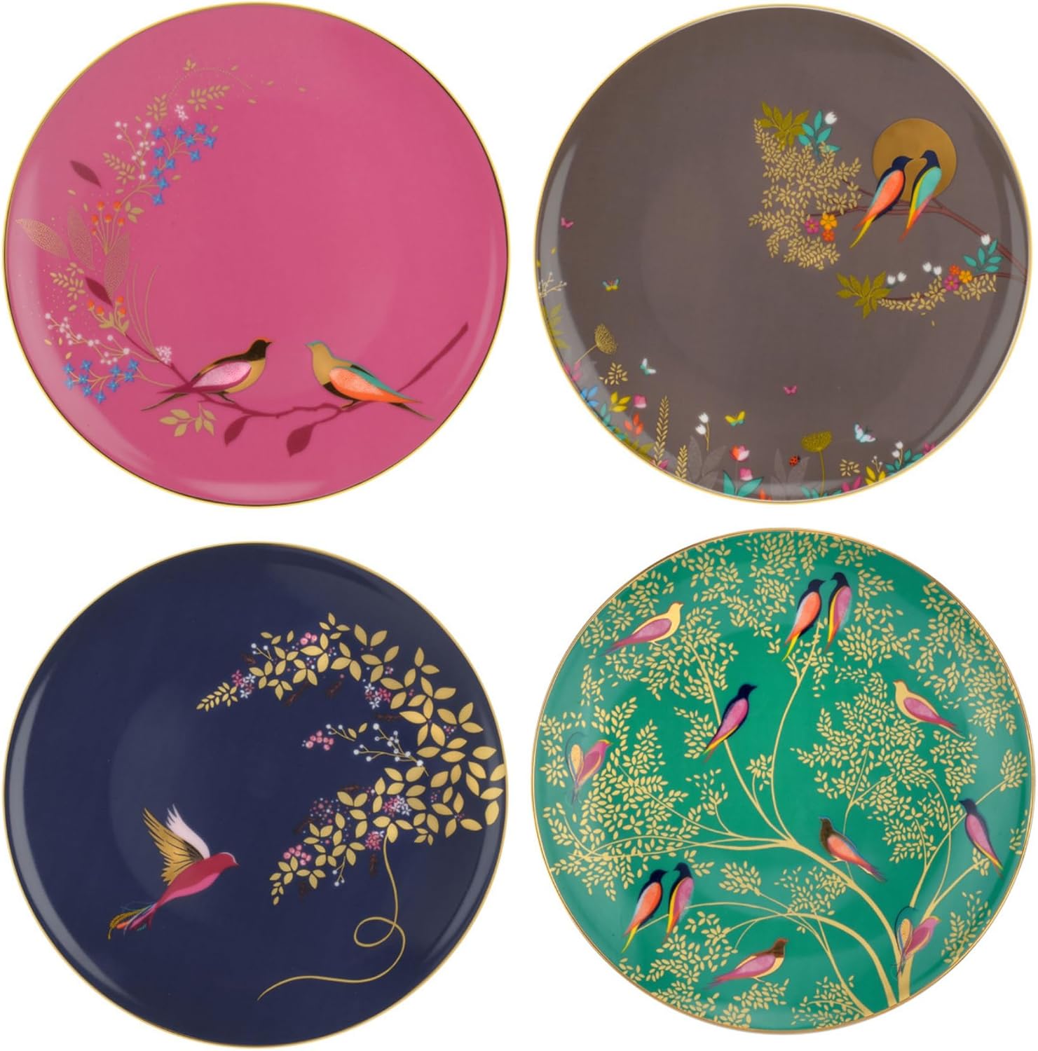 Portmeirion Sara Miller London Chelsea Cake Plates | 8 Inch Plates for Dessert, Pastries, and Cupcakes | Set of 4 Plates in Assorted Colors | Made from Fine China with Gold Detail | Handwash Only