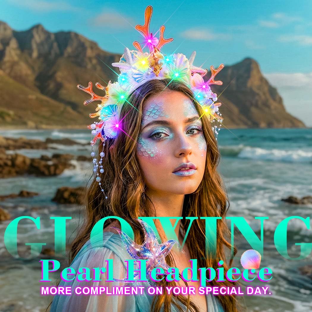 JEAIRTS Light Up Mermaid Headband Glow Shell Hair Band Led Pearl Starfish Costume Hair Accessories for Women - Image 5