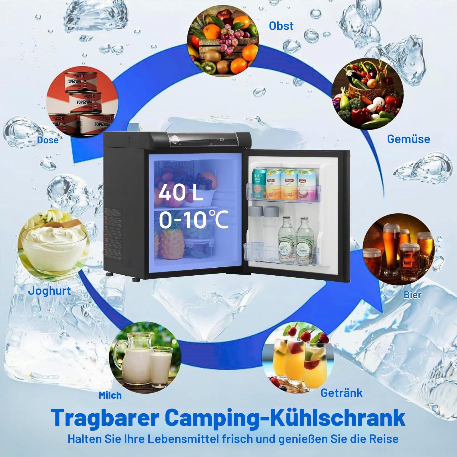 Smad Gas Camping Kühlschrank 40L, 12V 230V Gas, Tragbarer Campervan Kühlschrank für Wohnwagen, LKW, Wohnmobil, Garage, Camping, Reise, Schwarz
