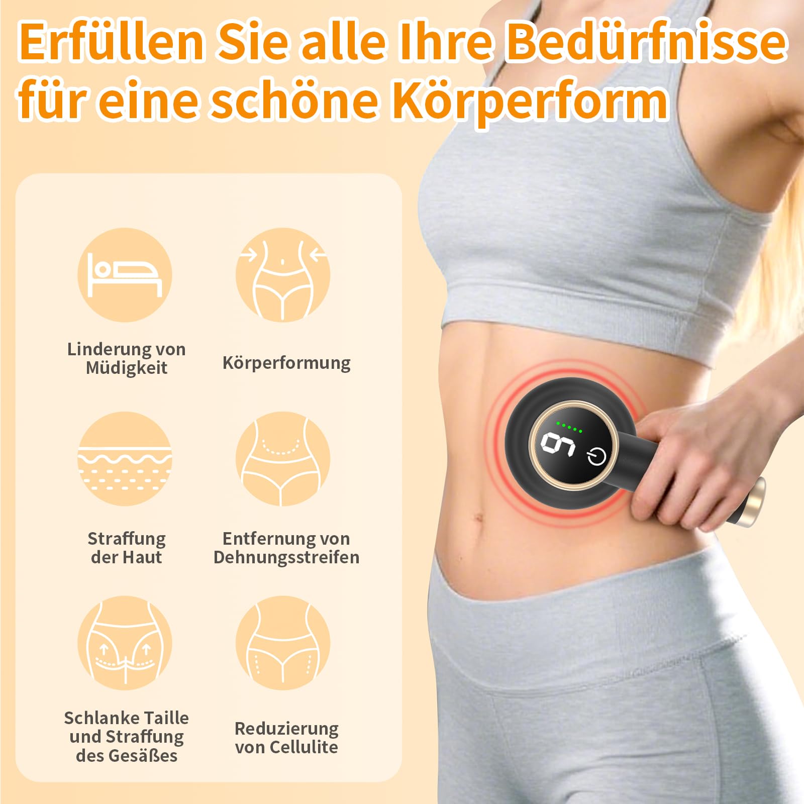 Kabelloses Anti-Cellulite Massagegerät mit 9 Vibrationsstufen & 8 Köpfen, Wiederaufladbar Handmassagegerät für Arme - Hautstraffung, Cellulite-Reduktion & Blutzirkulation - Schwarz