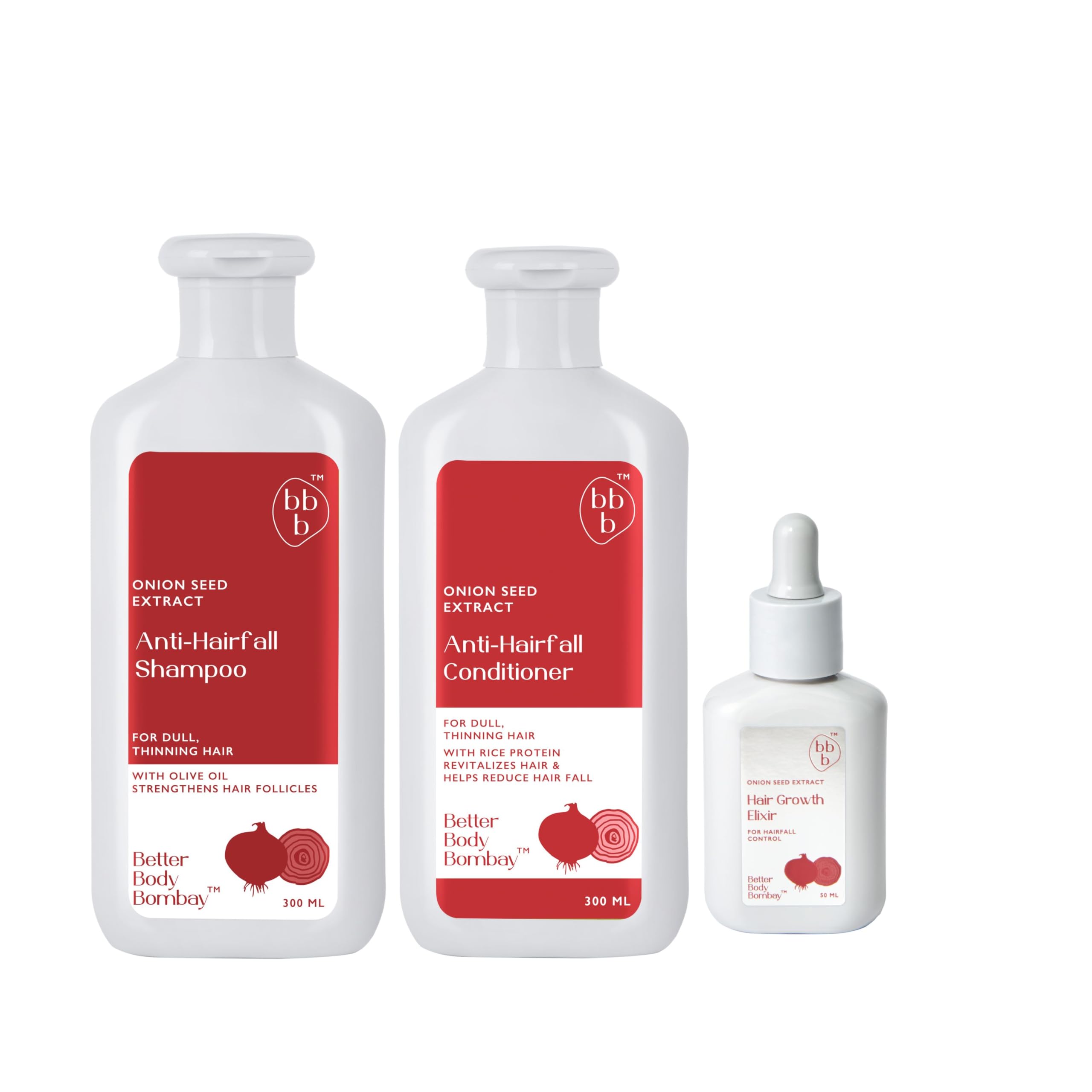 BBB- BETTER BODY BOMBAY Onion Hair Fall Control Kit | Onion Seed Extract Anti-Hairfall Shampo 300ml + Onion Seed Extract Anti-Hairfall Conditioner 300ml + Onion Seed Extract Hair Elixir 50ML Pack of 3-image-29