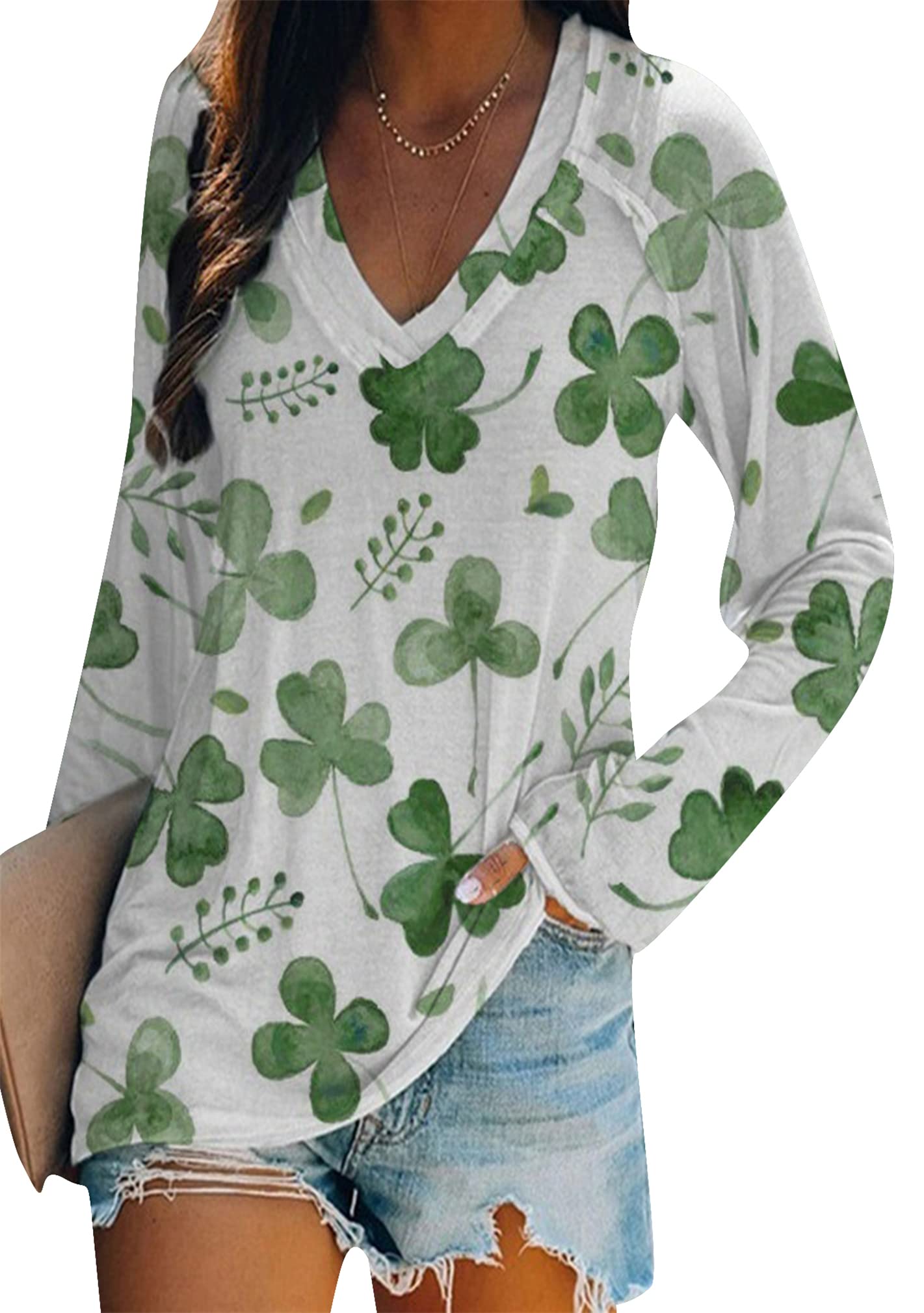 BOFETA Women St Patricks Day Sweatshirts Loose Long Sleeve Shirts Green Shamrock Print Blouse Flowy Color Block Pullover Tops