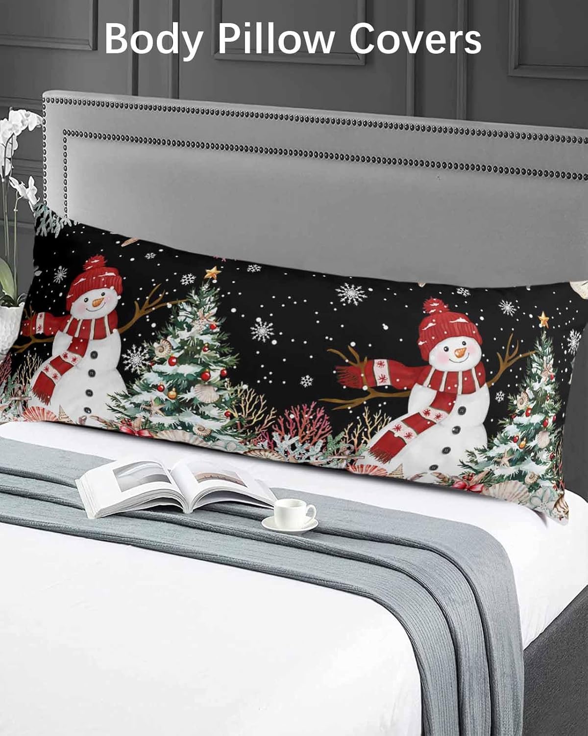 DecorLovee Black Coastal Christmas Body Pillow Case Cover, Snowman Xmas Tree Microfiber Bed Throw Pillows, Ocean Starfish Decorative Lumbar Pillow with Envelope Closure for Sofa, 20"x54"