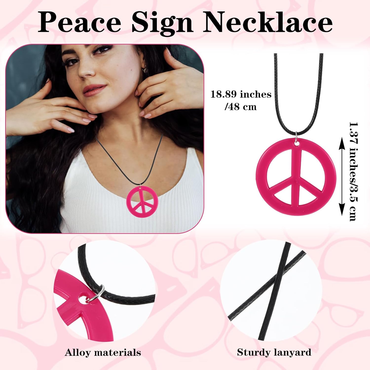 5PCS Hippie Costume Accessories Set 60s 70s Retro Peace Sign Sunglasses, Bohemian Earrings, Sunflower Pendant Necklace & Floral Headband for Women, Halloween Party, Music Festival Cosplay Pink - Image 5