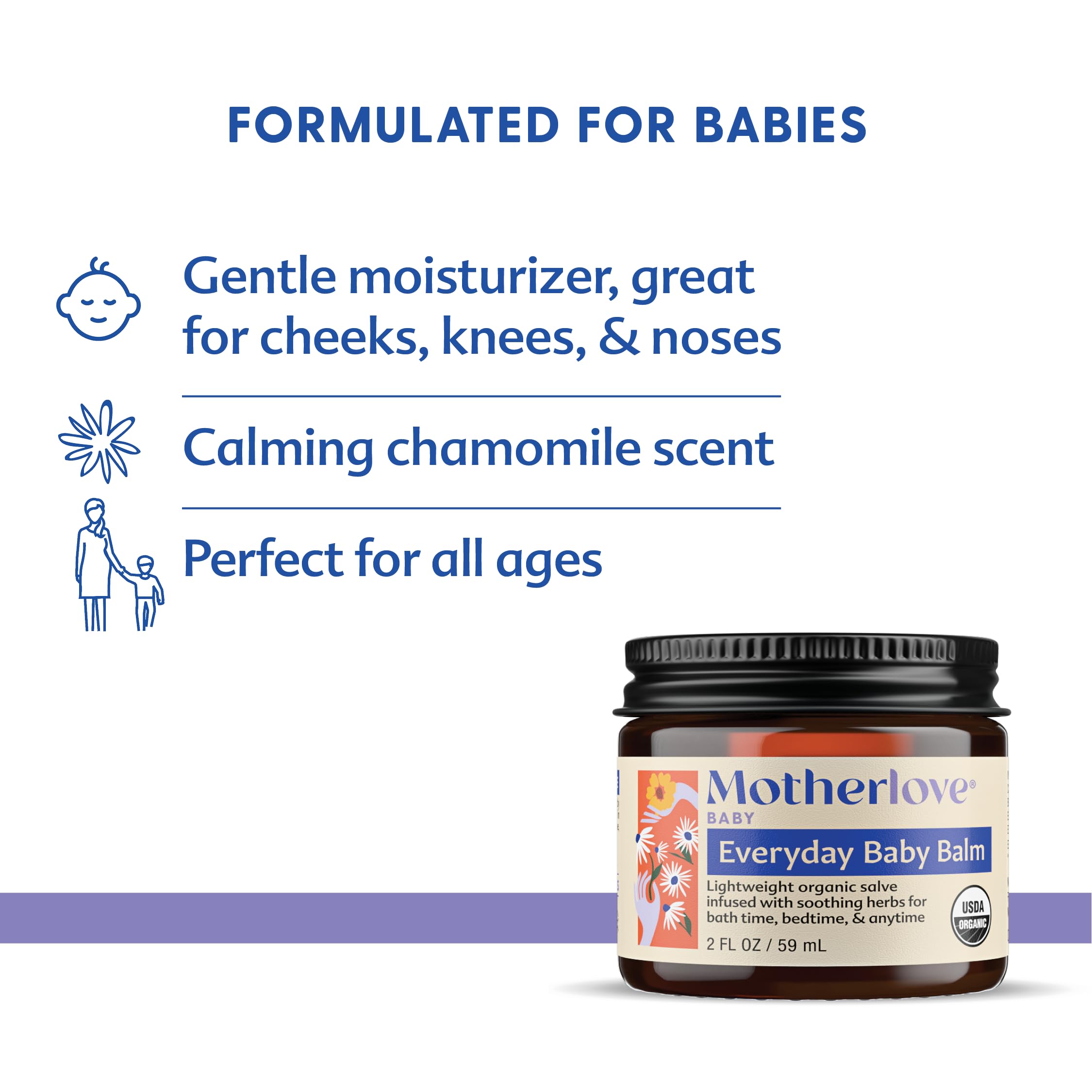 Motherlove Everyday Baby Balm (56,7 g) a base vegetale, completamente naturale essenziale per neonati, neonati e bambini piccoli, crema idratante alle erbe con camomilla calmante non OGM, erbe