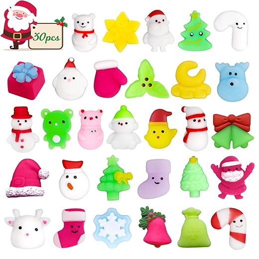 30Pcs Christmas Mochi Squishy Toys, Non-Repeating Christmas Squishies for Kids Girls Boys Toddlers, Christmas Party Favors Stocking Stuffers Gifts Classroom Prizes